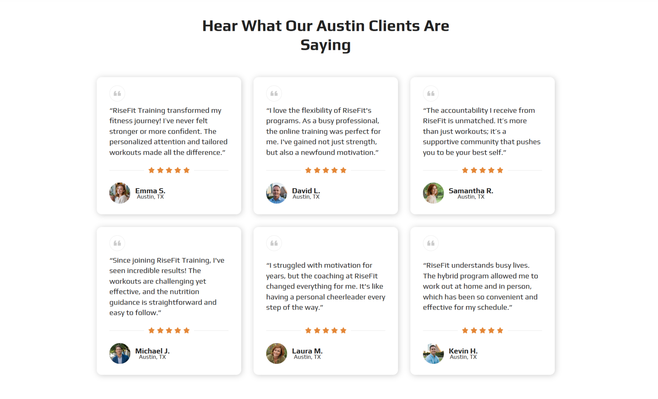 Testimonial section of the RiseFit Training website titled “Hear What Our Austin Clients Are Saying,” featuring six white review cards with client names, star ratings, and positive feedback about personalized coaching and results