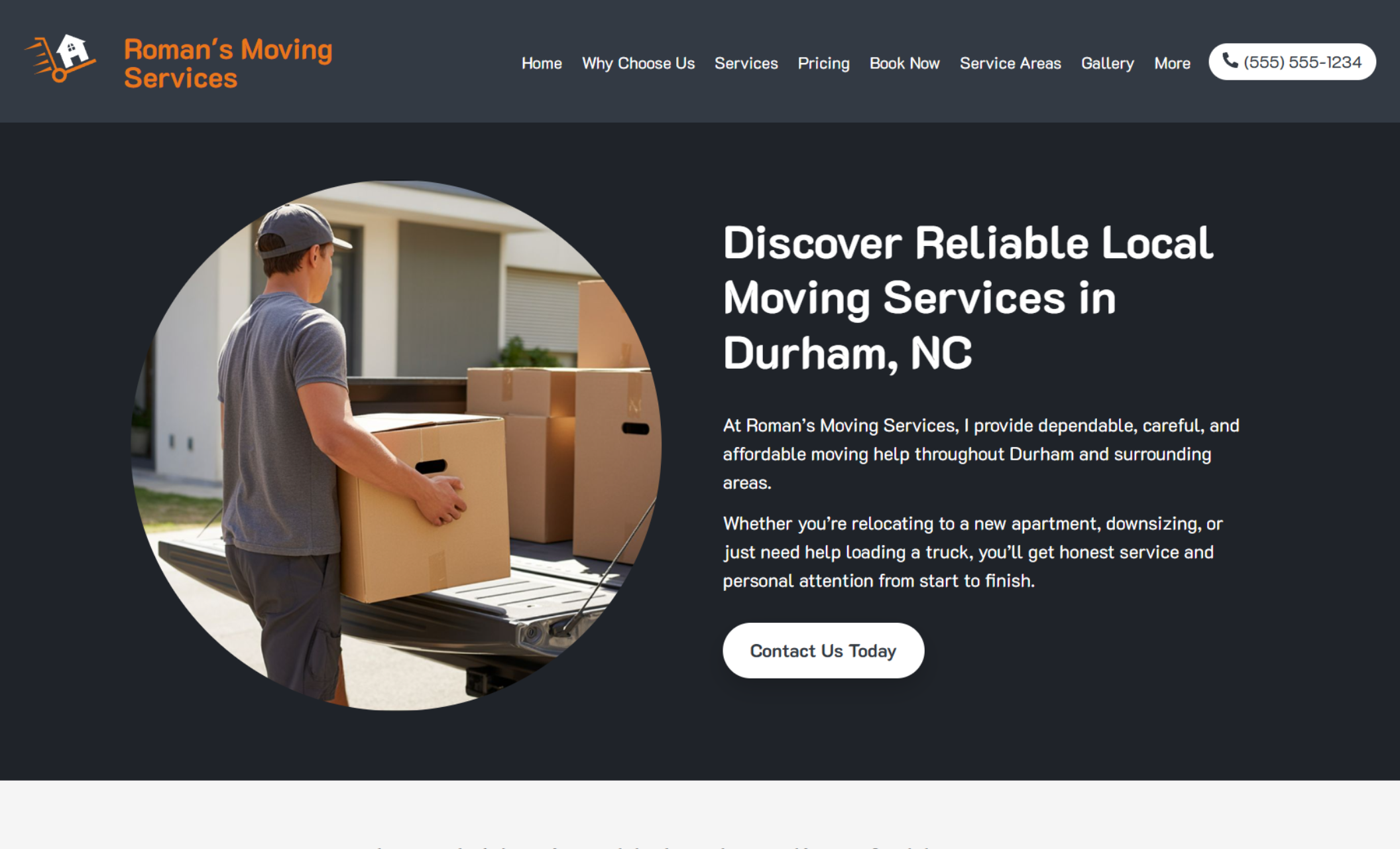 Roman’s Moving Services homepage hero featuring a mover carrying boxes inside a circular image beside the headline “Discover Reliable Local Moving Services in Durham, NC” and a “Contact Us Today” button