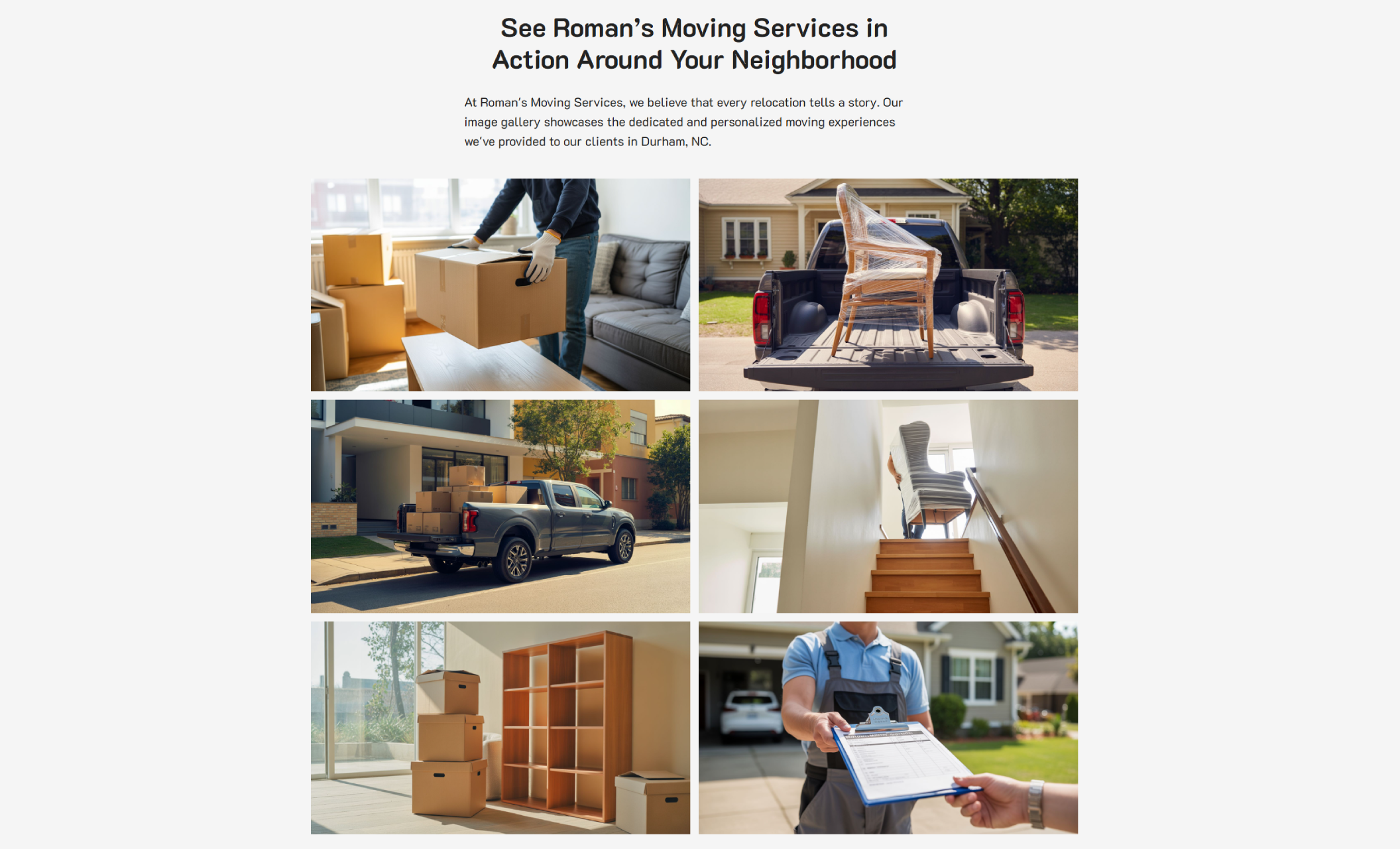 Roman’s Moving Services gallery section labeled “See Roman’s Moving Services in Action Around Your Neighborhood,” showcasing photos of movers packing boxes, loading trucks, carrying furniture upstairs, and handing a clipboard to a client