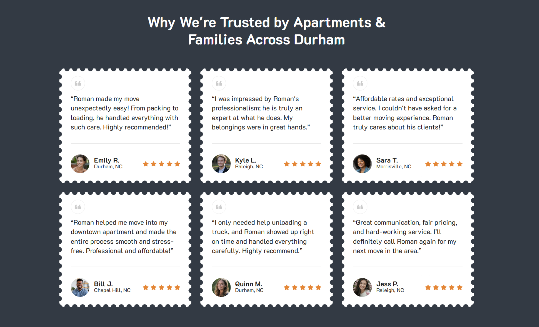 Roman’s Moving Services testimonials section titled “Why We’re Trusted by Apartments & Families Across Durham,” featuring six five-star customer reviews with names, locations, and profile photos