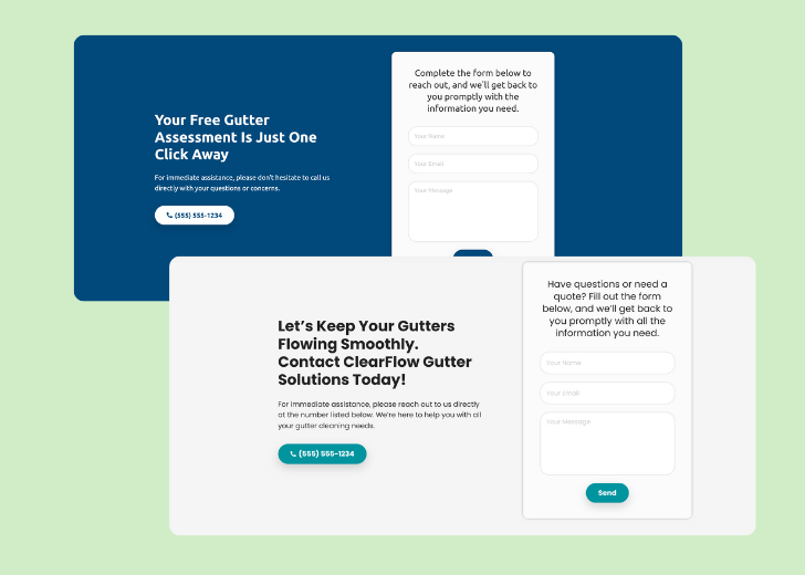 Screenshot of a contact form titled 'Get in touch' with a blue-colored primary button with a contact number, with input fields for Name, Email, and Message
