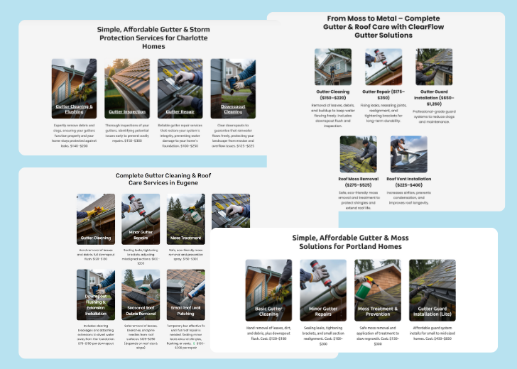 A collage of services section generated by Zarla showing different styles of service items, all having a picture, a title, and a brief description
