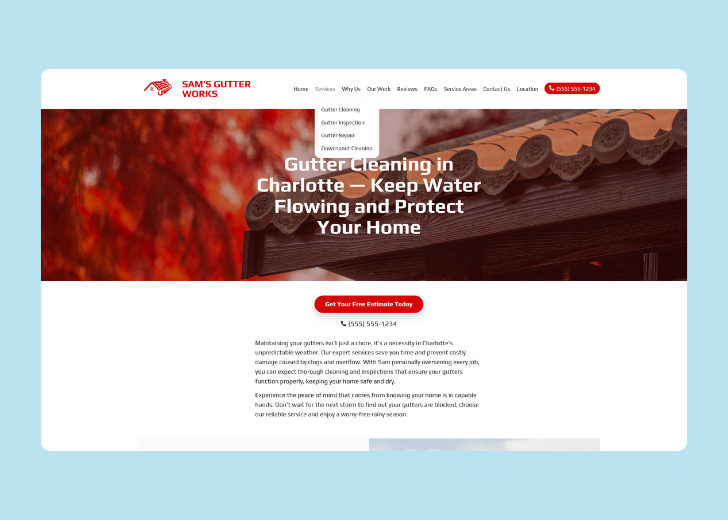 Spotless Touch landing page of a specific service titled 'Post Construction Cleaning' with a contact form on the side