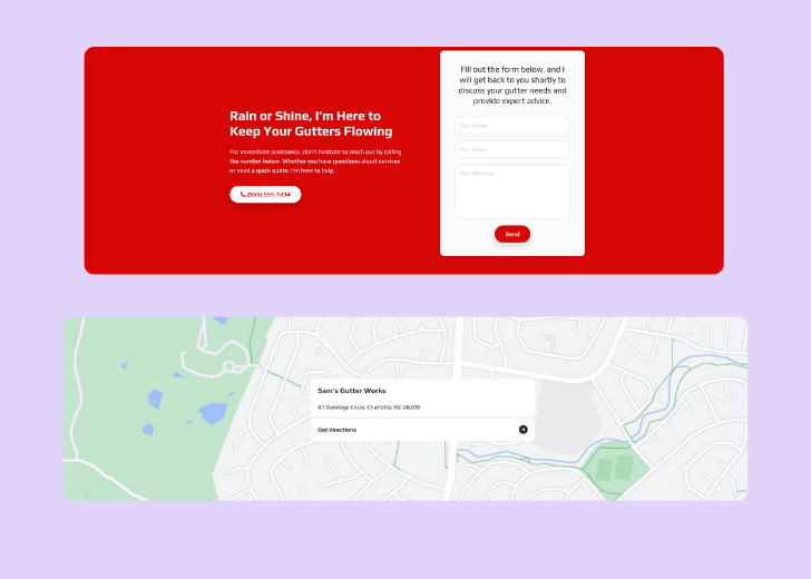A screenshot of a header with navigation pills with contact number, a blue-colored primary button with contact number, and a 2D depiction of a map with a business address in the center