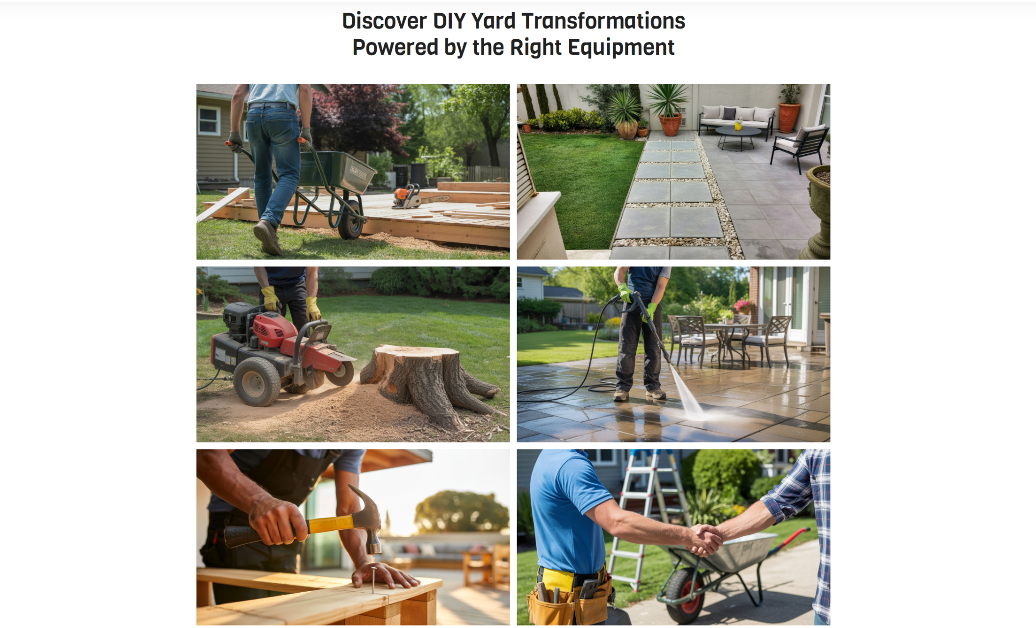 Root & Rake Rentals photo gallery section featuring the headline “Discover DIY Yard Transformations Powered by the Right Equipment,” with a grid of outdoor project images like patio work, stump grinding, pressure washing, woodworking, and a handshake