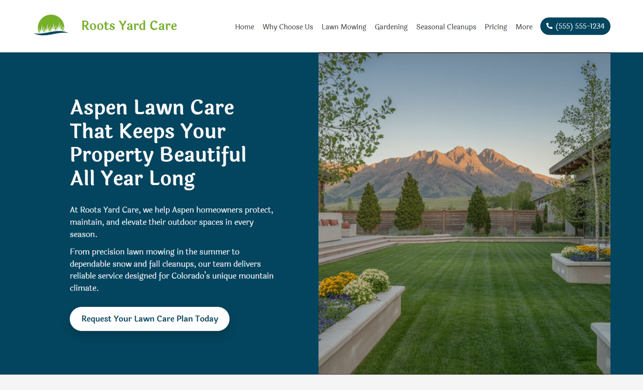 Roots Yard Care homepage hero featuring the headline “Aspen Lawn Care That Keeps Your Property Beautiful All Year Long,” a white “Request Your Lawn Care Plan Today” button, and a scenic image of a perfectly striped lawn set against mountain views