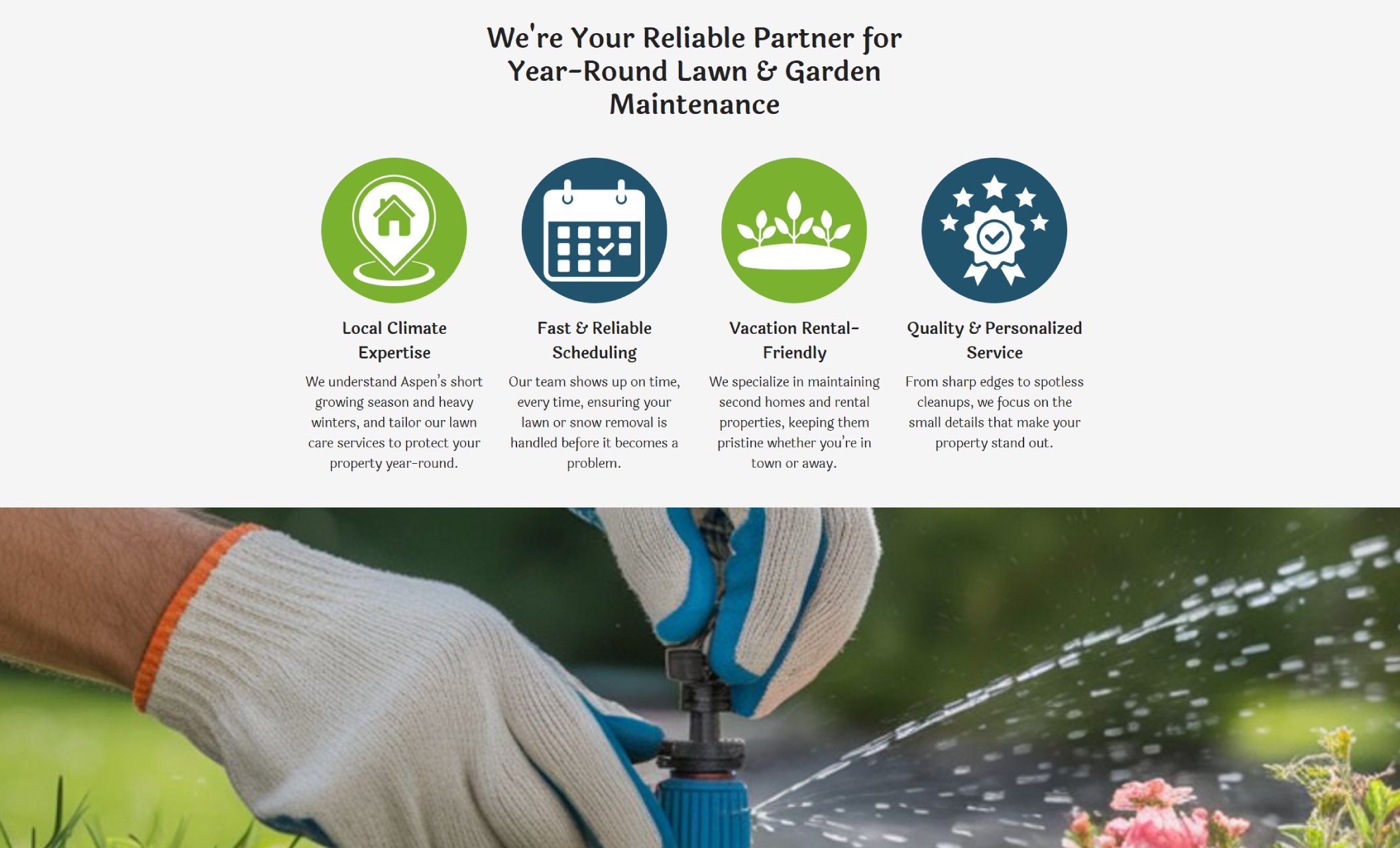 Roots Yard Care features section titled “We’re Your Reliable Partner for Year-Round Lawn & Garden Maintenance,” displaying four circular icons highlighting Local Climate Expertise, Fast & Reliable Scheduling, Vacation Rental-Friendly service, and Quality & Personalized Service above an image of hands adjusting a garden sprinkler