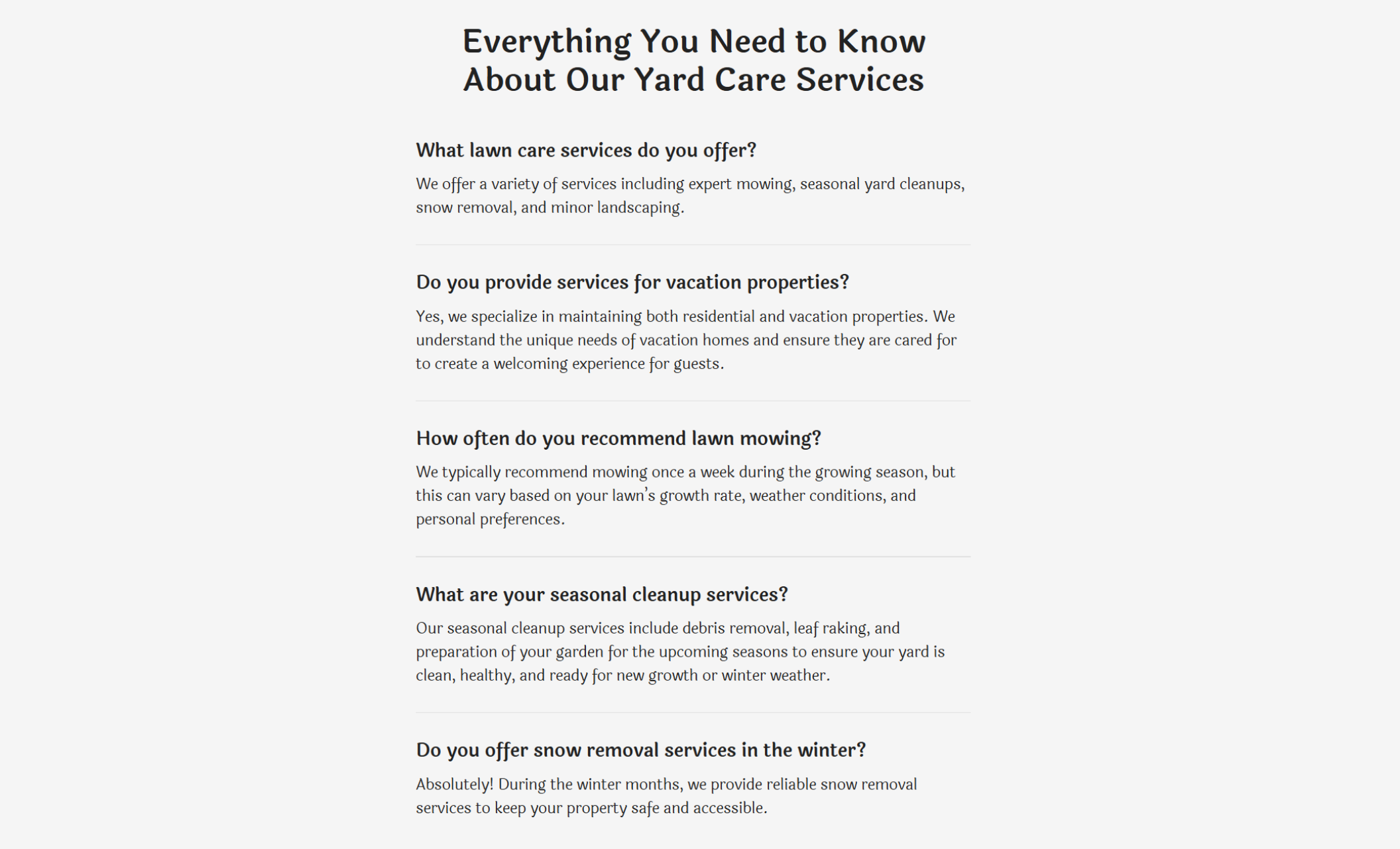 Roots Yard Care FAQ section titled “Everything You Need to Know About Our Yard Care Services,” listing questions about mowing frequency, seasonal cleanups, vacation properties, and winter snow removal