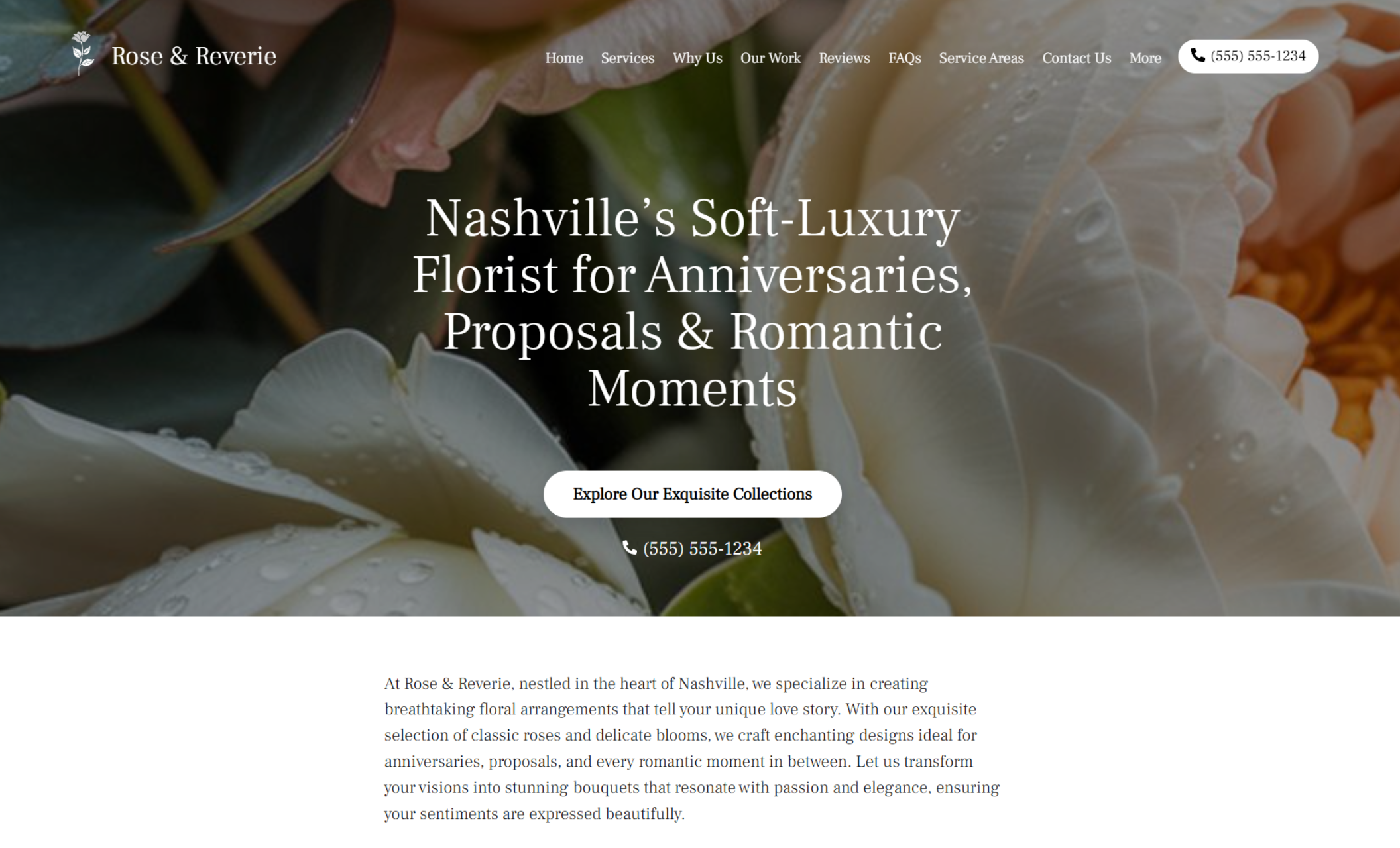Rose & Reverie homepage hero banner displaying a soft-focus close-up of dewy cream roses behind the headline ‘Nashville’s Soft-Luxury Florist for Anniversaries, Proposals & Romantic Moments’ with a white call-to-action button labeled ‘Explore Our Exquisite Collections.’