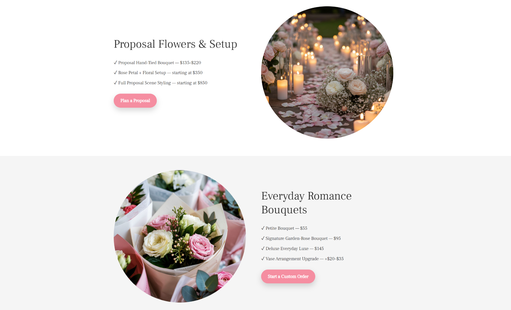 Rose & Reverie services section featuring a candlelit proposal aisle lined with roses beside pricing details for proposal florals, followed by an image of pastel romance bouquets next to the ‘Everyday Romance Bouquets’ price list and a pink ‘Start a Custom Order’ button