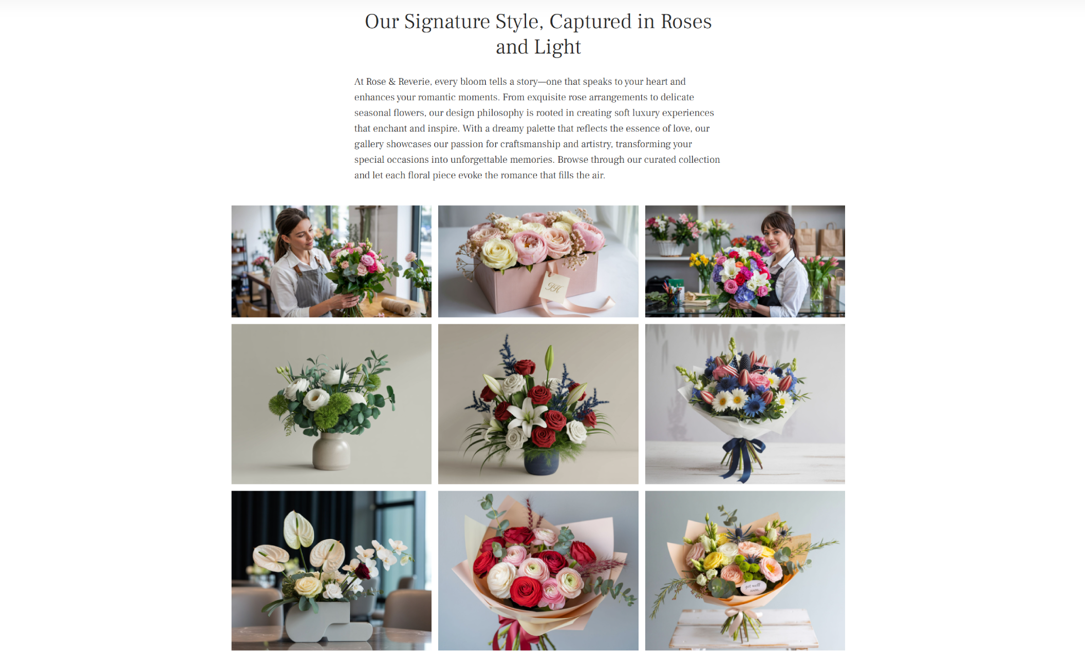 Rose & Reverie gallery section showcasing a curated collection of romantic floral arrangements—ranging from hand-tied bouquets to modern vase designs—set beneath the headline ‘Our Signature Style, Captured in Roses and Light.’