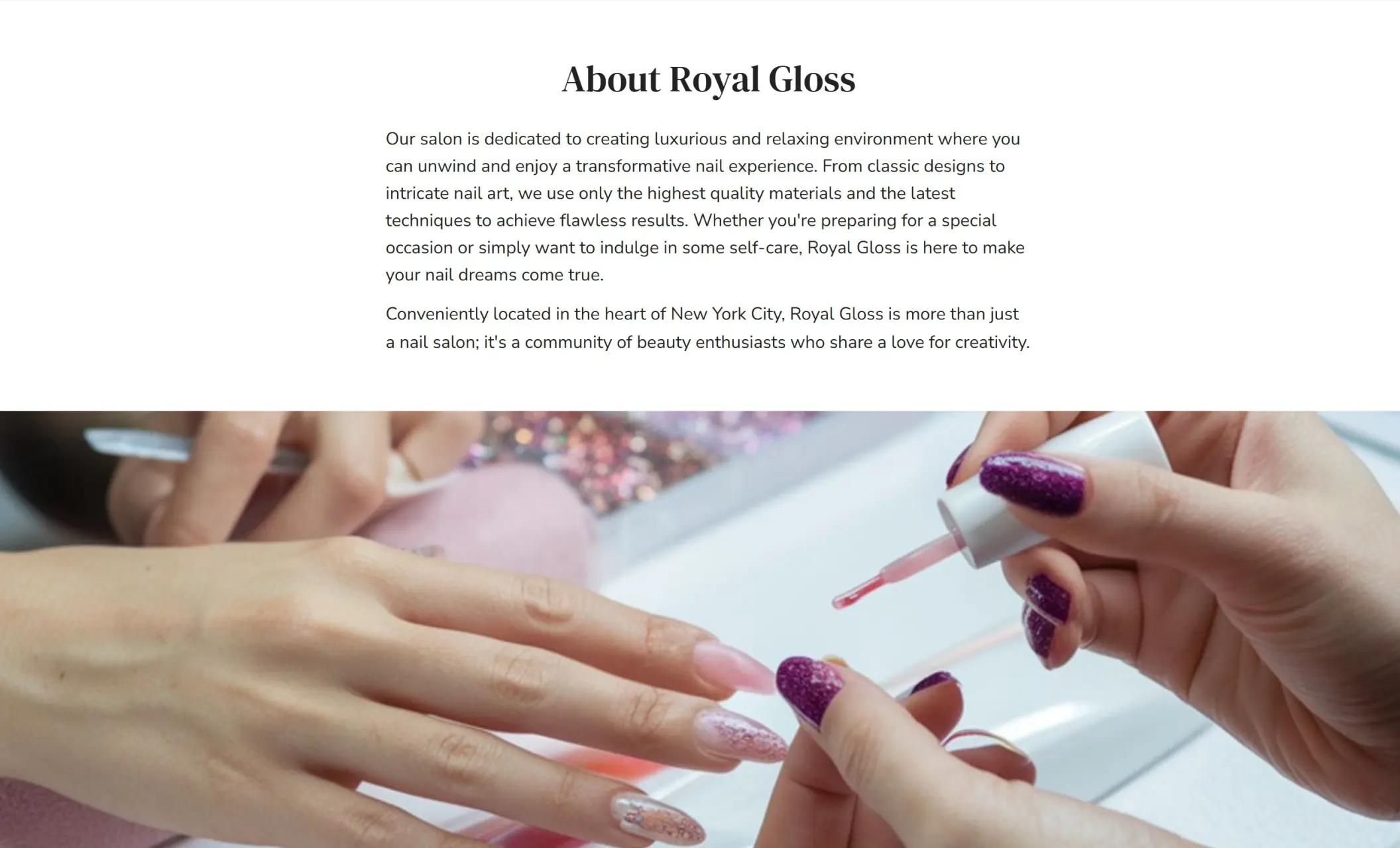 Royal Gloss' website section displaying general information about the nail salon, and the image of a hand getting a manicure