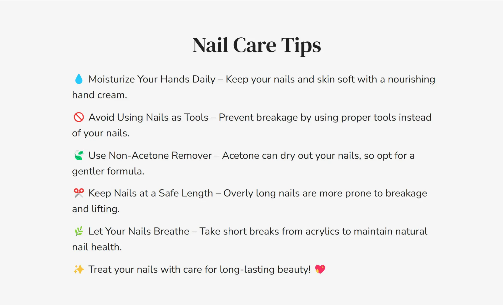 Royal Gloss' website section displaying nail care tips