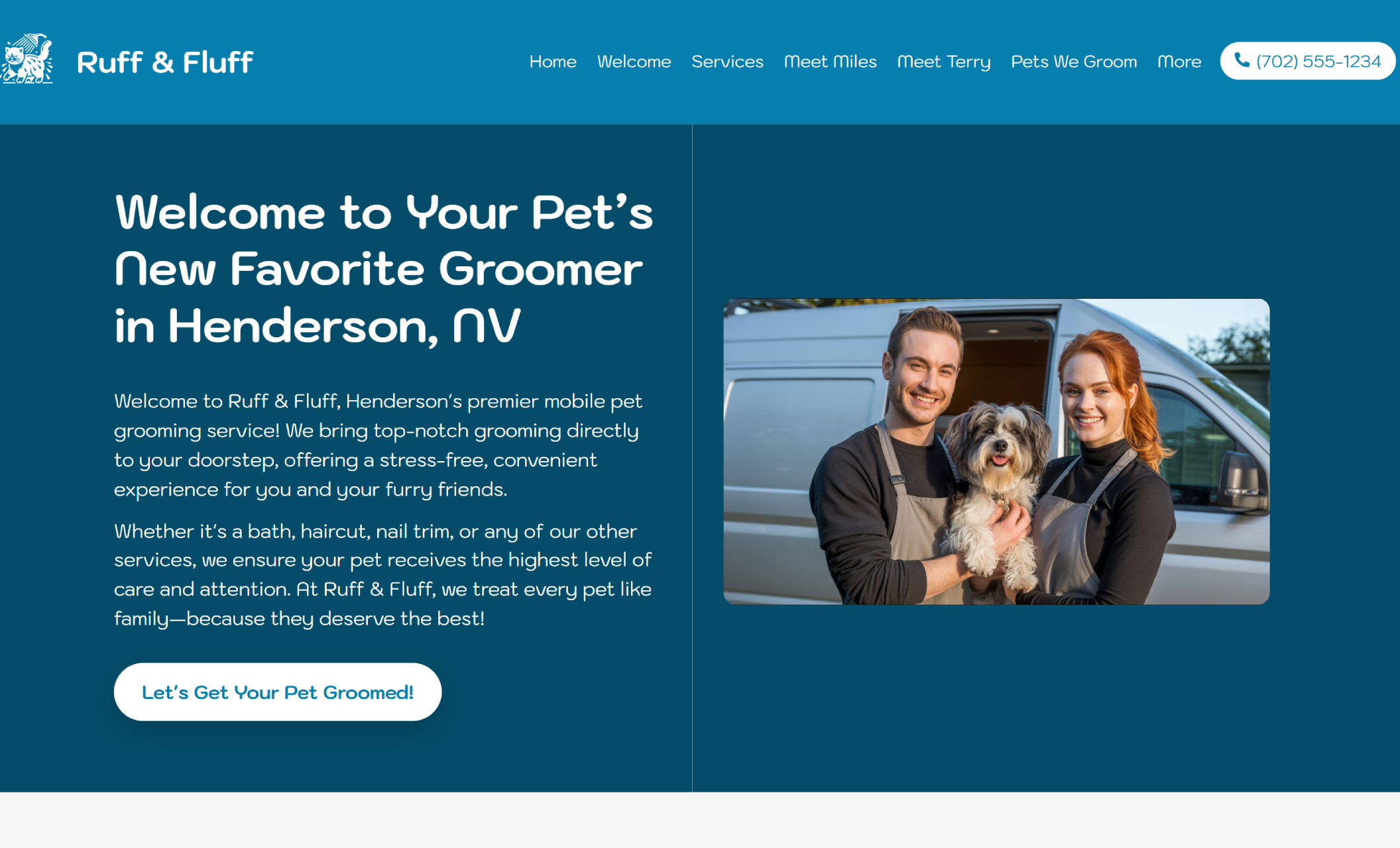 Ruff & Fluff homepage featuring a smiling man and woman in aprons holding a small fluffy dog, beside the headline “Welcome to Your Pet’s New Favorite Groomer in Henderson, NV” and a call-to-action button that reads “Let’s Get Your Pet Groomed!”