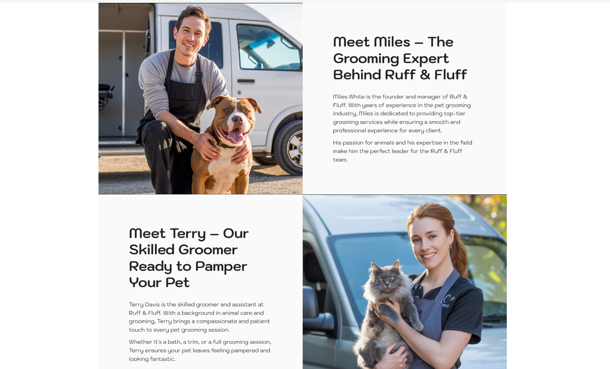 Side-by-side section showing Miles, a male groomer kneeling with a pit bull in front of a van, and Terry, a female groomer holding a fluffy gray cat, next to friendly bios introducing each as part of the Ruff & Fluff team