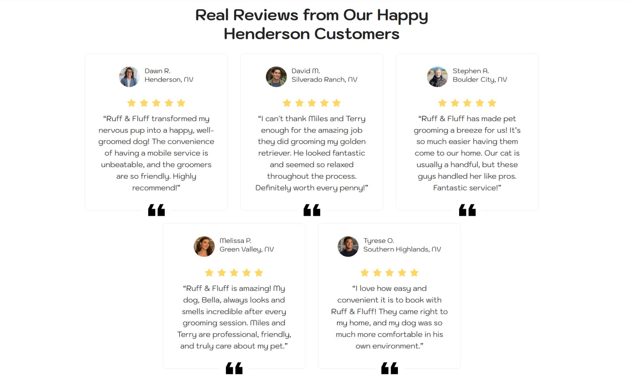 Grid layout of six 5-star customer testimonials praising Ruff & Fluff’s mobile pet grooming service, with profile photos, names, locations, and personalized quotes from happy clients across Nevada