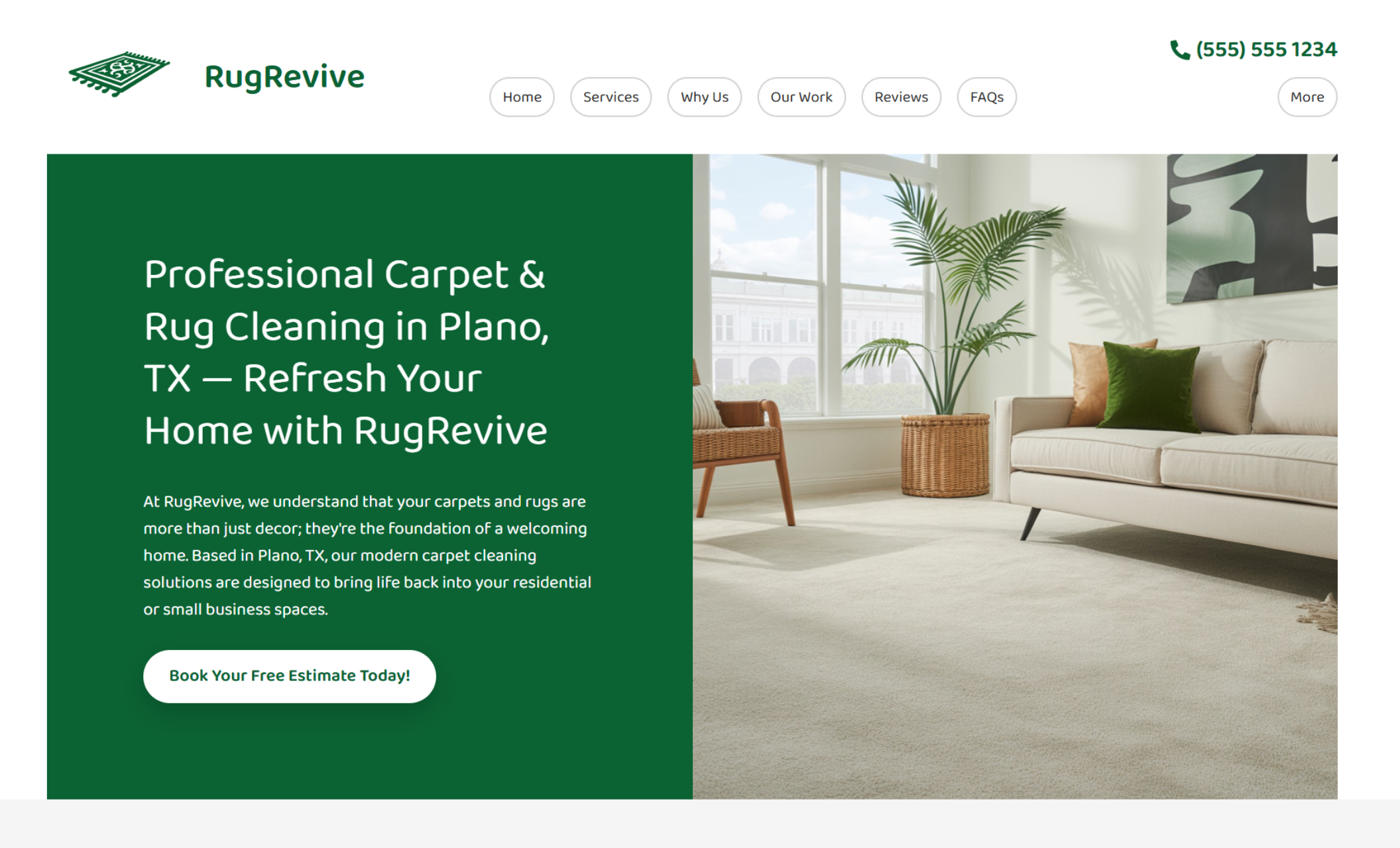 RugRevive homepage hero featuring a sunlit living room with a beige sofa and plush carpet beside the headline “Professional Carpet & Rug Cleaning in Plano, TX — Refresh Your Home with RugRevive” and a green “Book Your Free Estimate Today” button