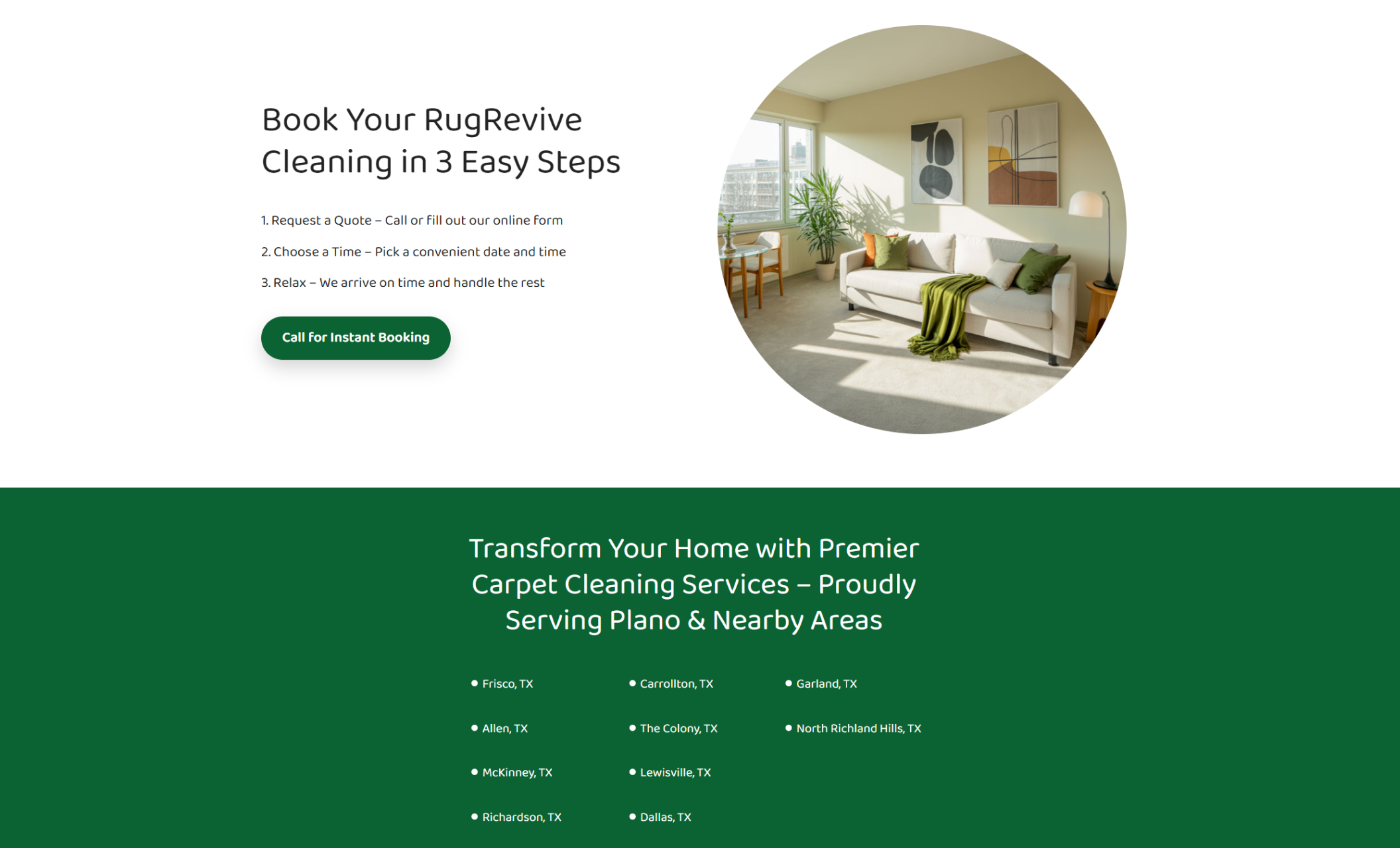 RugRevive booking steps section showing the headline “Book Your RugRevive Cleaning in 3 Easy Steps” beside a bright living room with clean carpets, outlining quote request, scheduling, and hands-off service completion