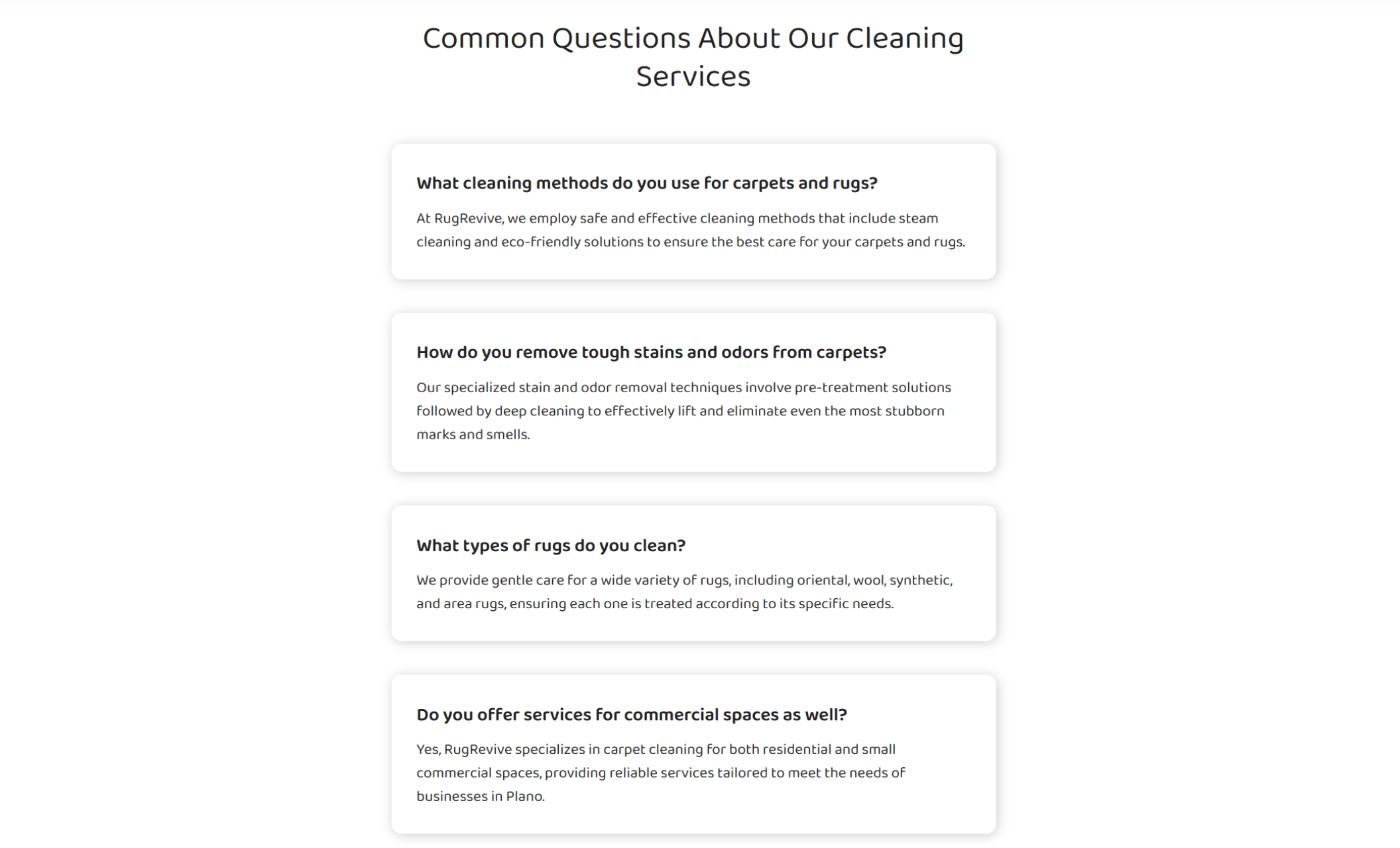 RugRevive FAQ section featuring stacked white cards answering common questions about carpet and rug cleaning methods, stain and odor removal, rug types serviced, and residential versus commercial cleaning