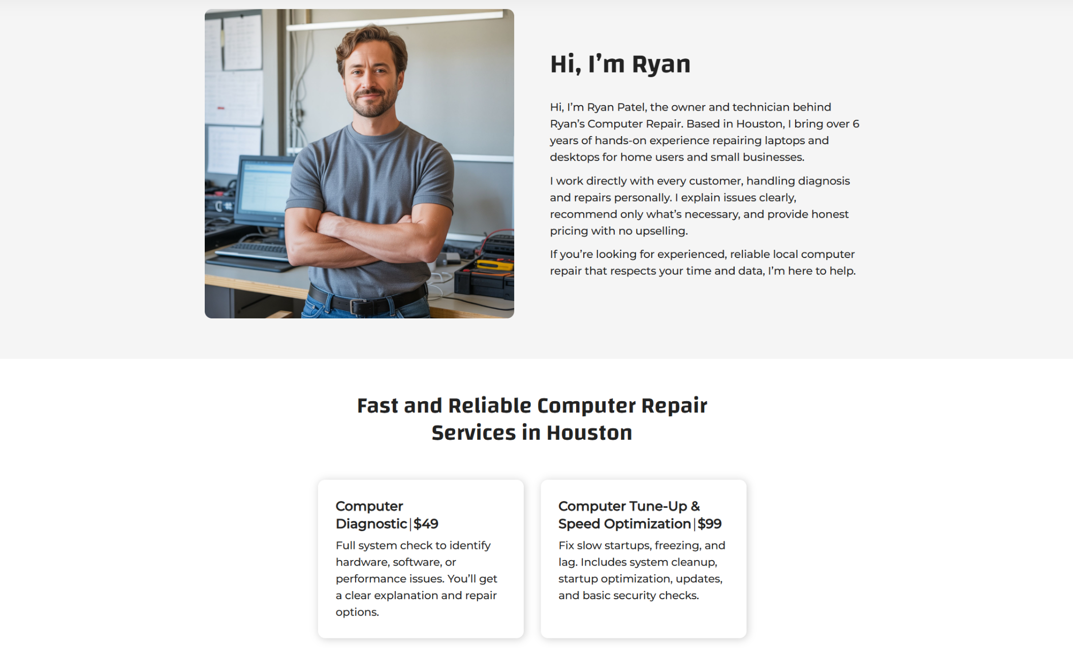 Ryan’s Computer Repair about section featuring a portrait of the owner standing confidently with folded arms in a repair workspace beside the heading “Hi, I’m Ryan” and a short biography describing hands-on, honest computer repair service