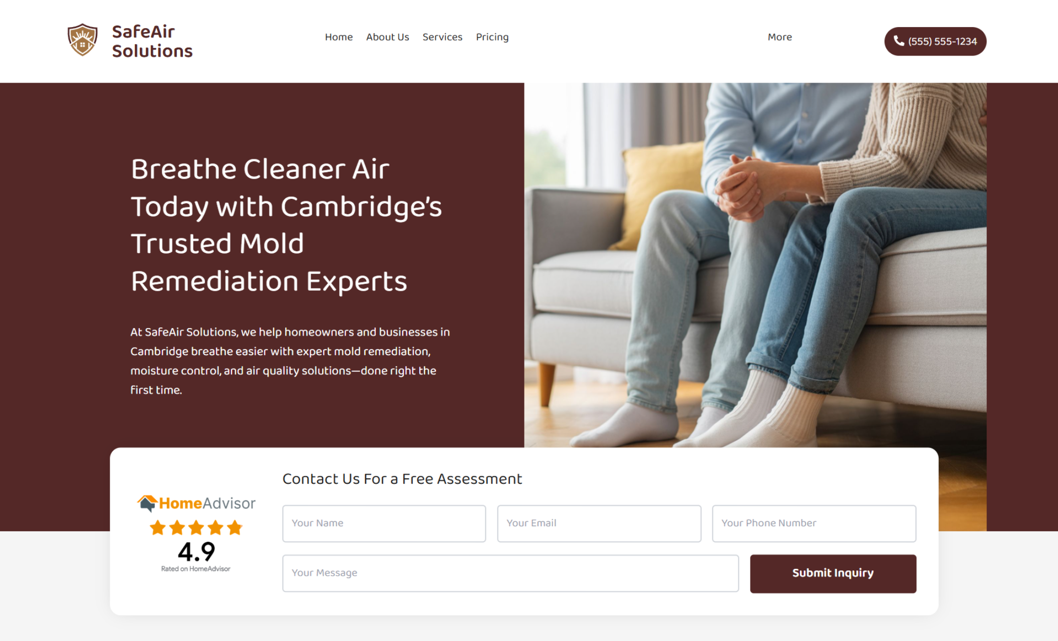 SafeAir Solutions homepage featuring a couple sitting on a couch beside the headline “Breathe Cleaner Air Today with Cambridge’s Trusted Mold Remediation Experts” and a contact form with a 4.9 HomeAdvisor rating