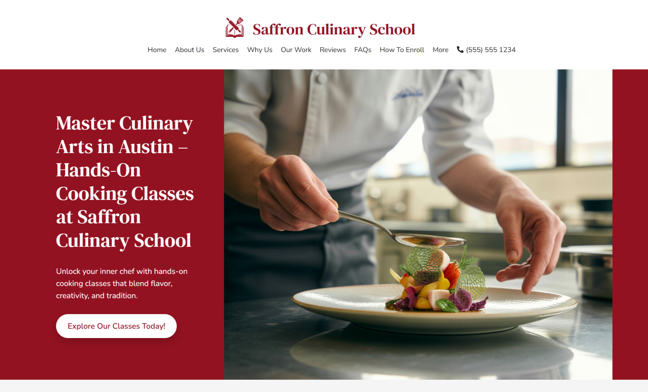 Saffron Culinary School homepage featuring a chef plating a gourmet dish next to the headline “Master Culinary Arts in Austin – Hands-On Cooking Classes at Saffron Culinary School.”