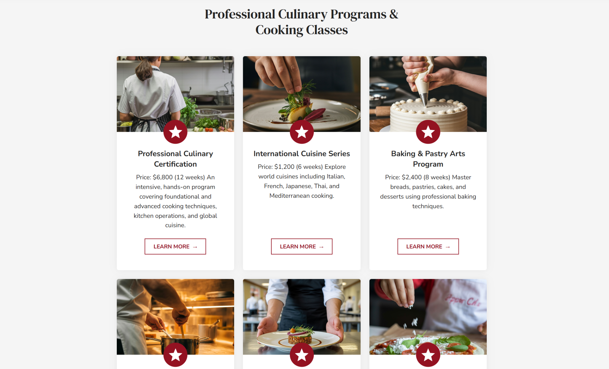 Saffron Culinary School programs section displaying cards for culinary certification, international cuisine series, and baking programs with images, pricing, and “Learn More” buttons