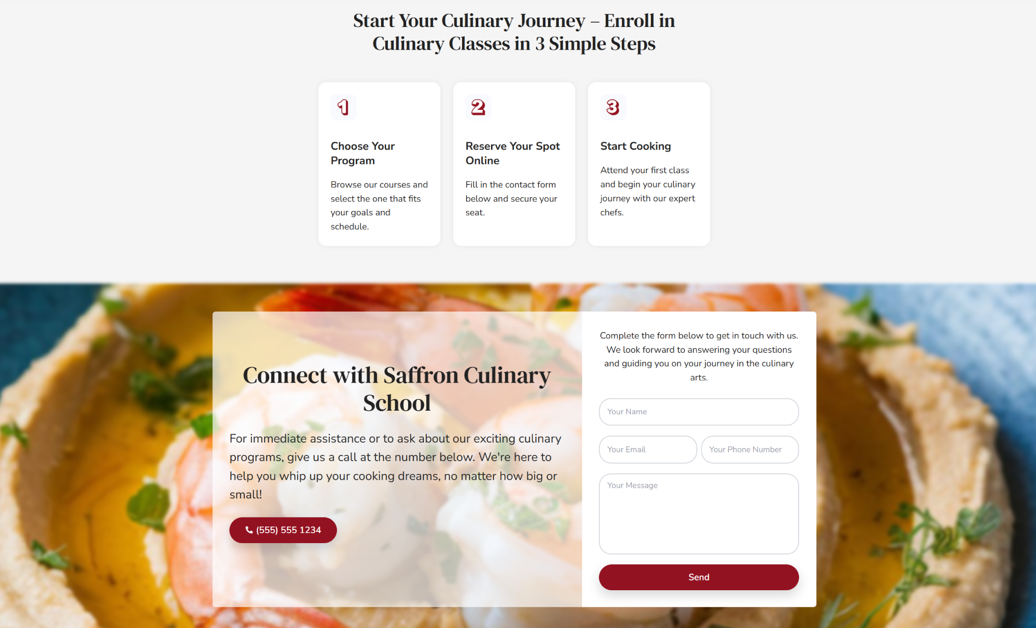 Saffron Culinary School section showing a three-step enrollment process above a contact form overlay with a phone CTA and a plated dish background image