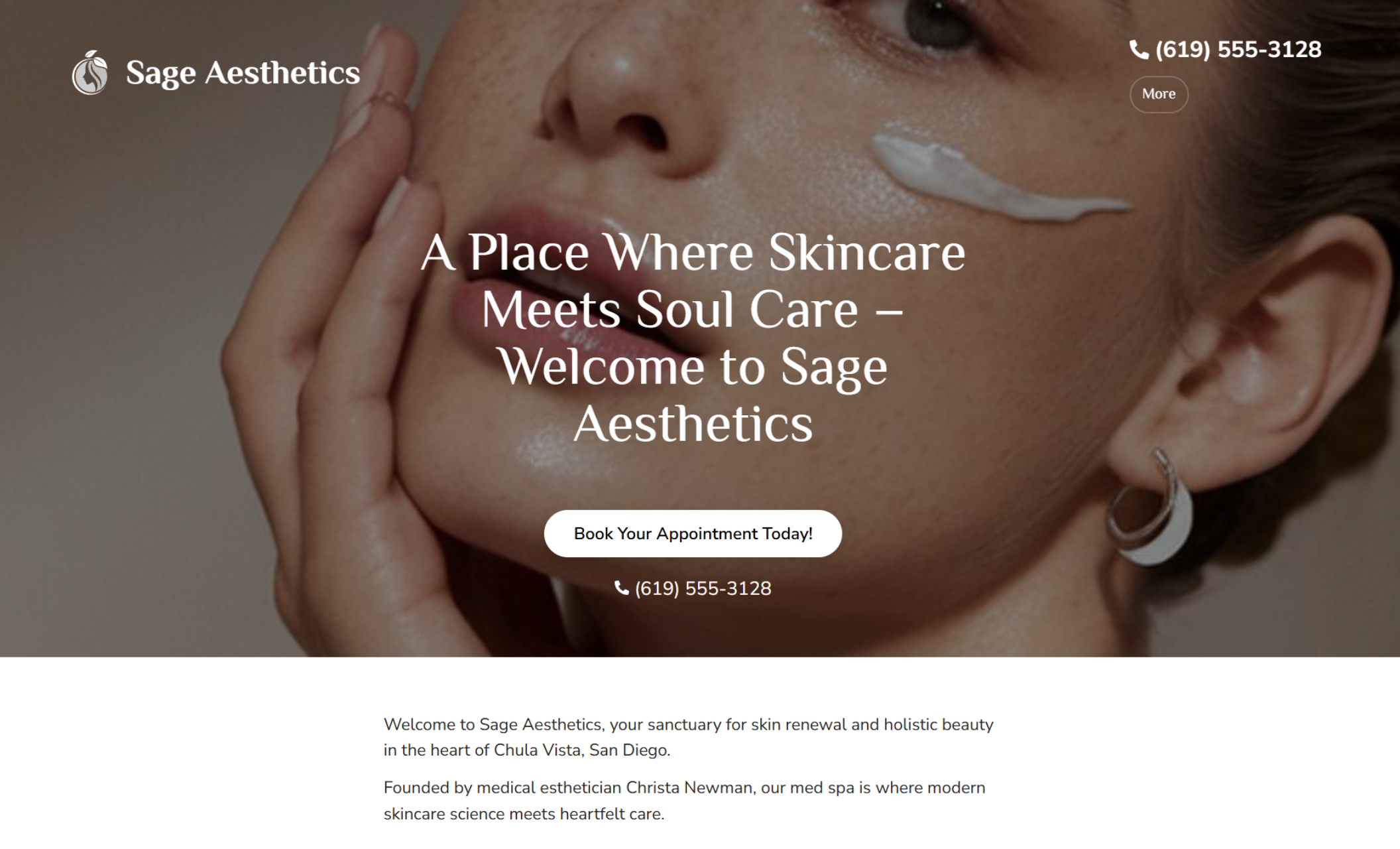 Sage Aesthetics homepage displaying a close-up of a woman’s dewy skin with skincare cream under her eye, paired with the headline “A Place Where Skincare Meets Soul Care – Welcome to Sage Aesthetics” and a centered button that says “Book Your Appointment Today!”