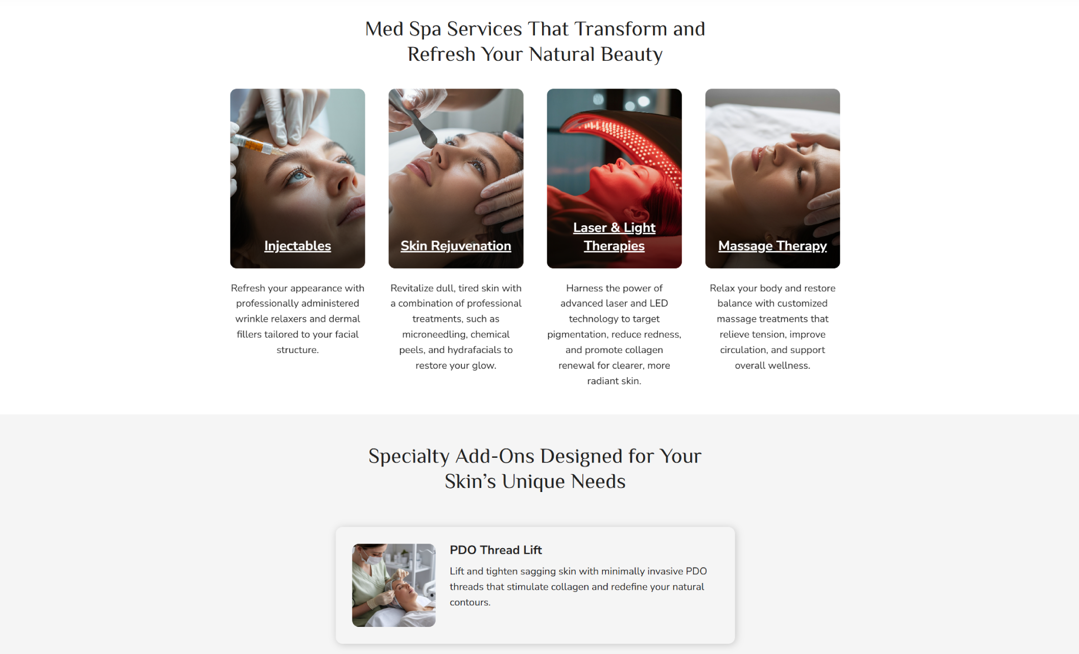Med spa service section with four vertical cards highlighting Injectables, Skin Rejuvenation, Laser & Light Therapies, and Massage Therapy.