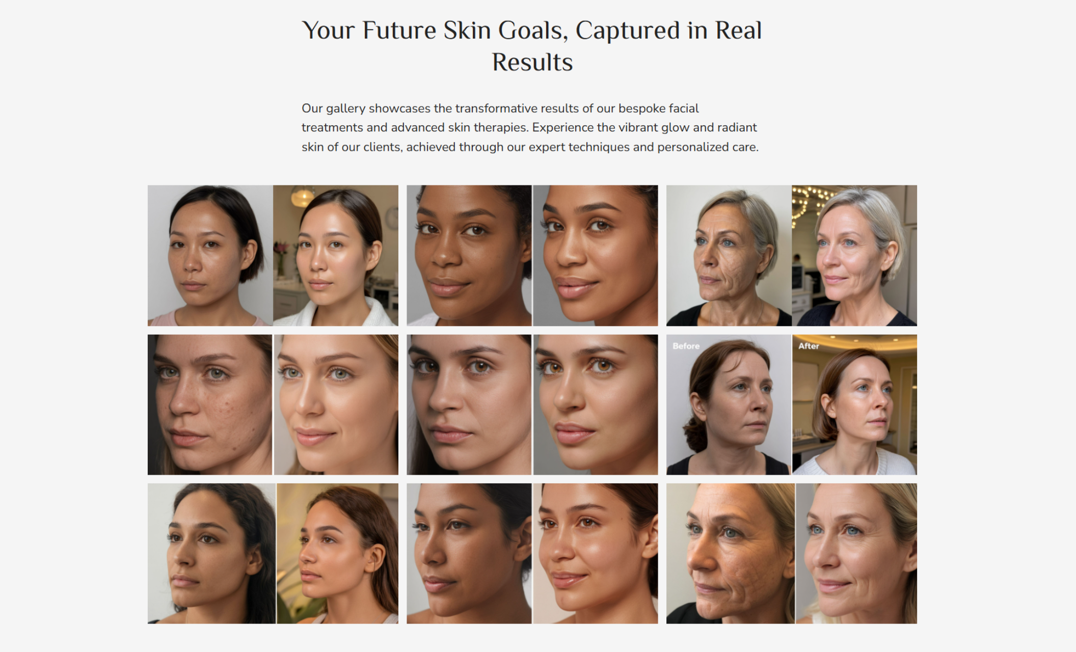 Clean grid of 16 before-and-after client photos under the headline “Your Future Skin Goals, Captured in Real Results.”