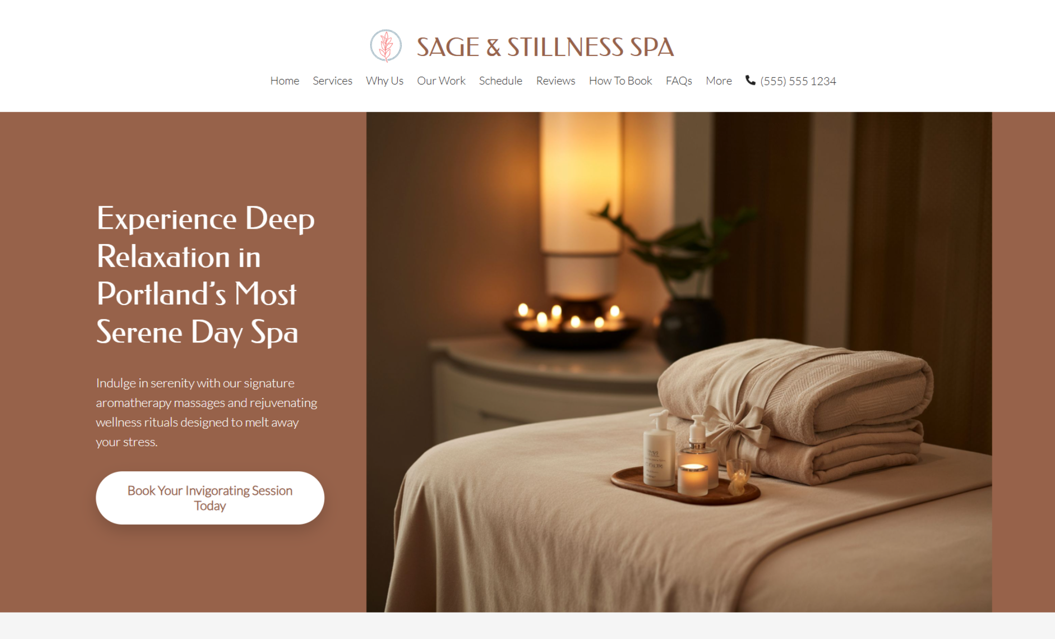 Sage & Stillness Spa homepage hero showing a softly lit treatment room with folded towels, candles, and skincare bottles beside the headline “Experience Deep Relaxation in Portland’s Most Serene Day Spa” and a white “Book Your Invigorating Session Today” button