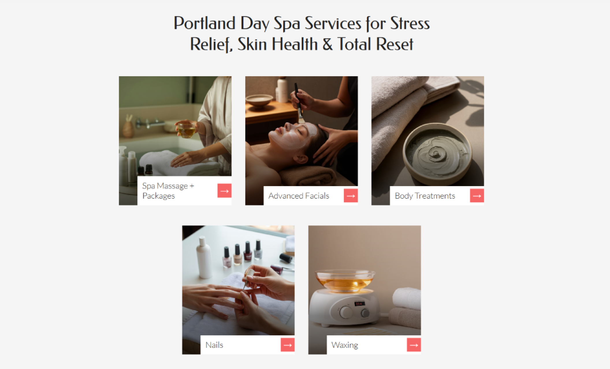 Spa services grid under the heading “Portland Day Spa Services for Stress Relief, Skin Health & Total Reset,” displaying image tiles for Spa Massage + Packages, Advanced Facials, Body Treatments, Nails, and Waxing with coral arrow buttons