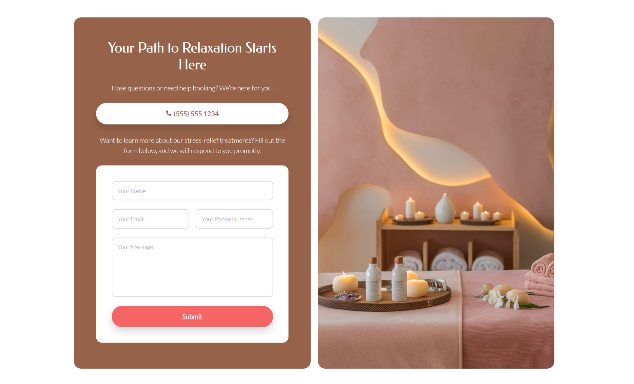 Spa contact section titled “Your Path to Relaxation Starts Here,” featuring a phone call button, inquiry form with name, email, phone, and message fields, and a calming spa setup with candles, towels, and warm ambient lighting