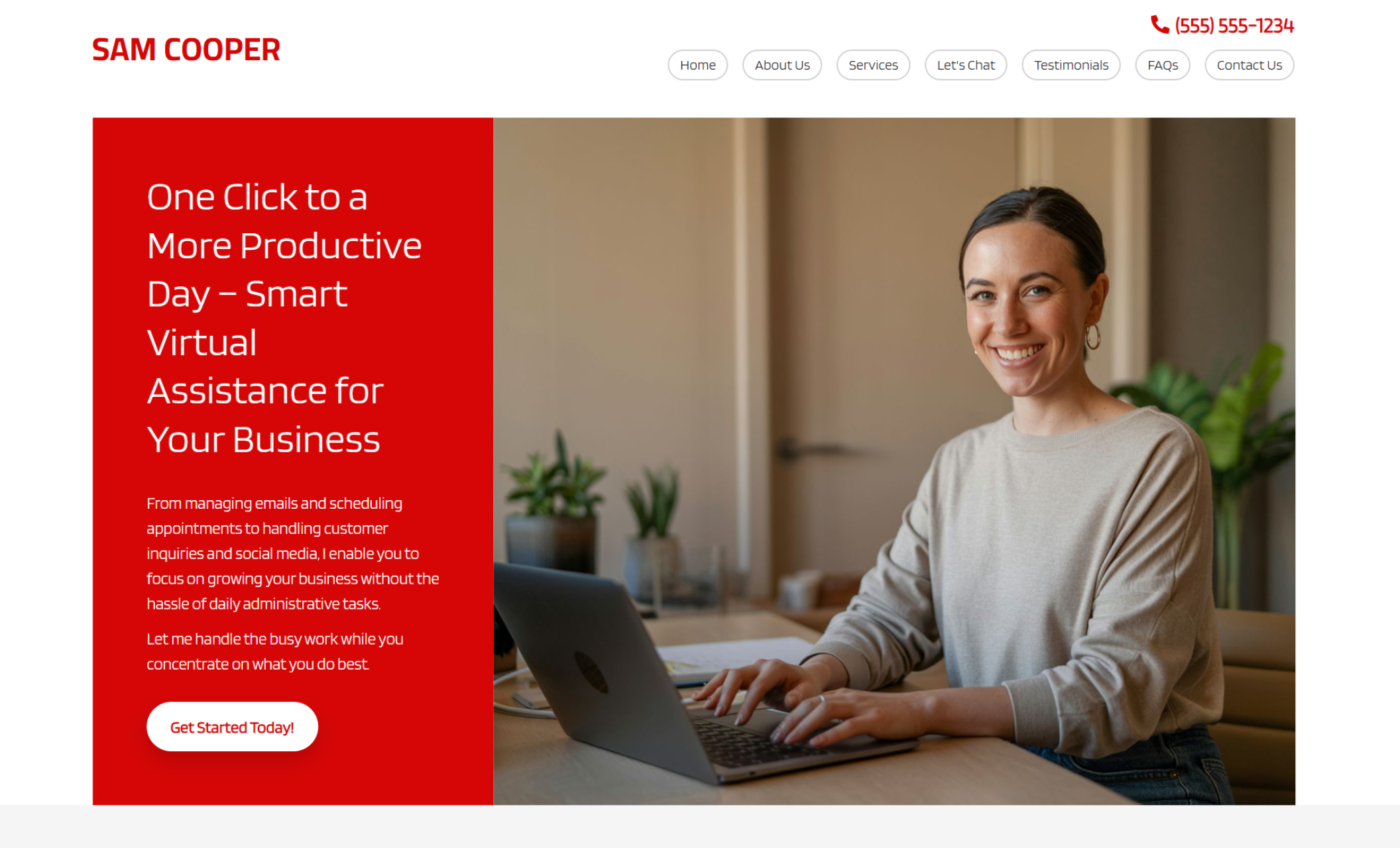 Sam Cooper Virtual Assistant homepage featuring a cheerful woman in a beige sweater at her desk, beside a bright red panel with the headline “One Click to a More Productive Day – Smart Virtual Assistance for Your Business” and a white call-to-action button