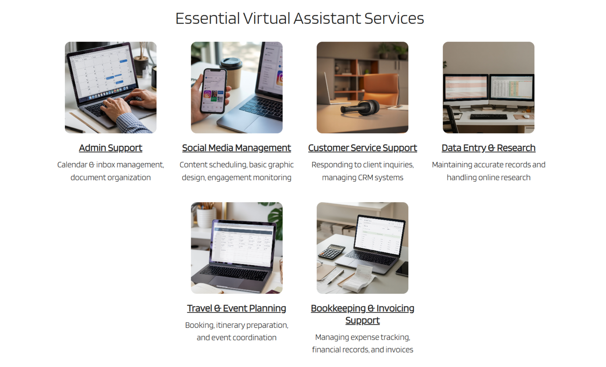 A clean and modern grid layout titled “Essential Virtual Assistant Services,” displaying six neatly organized service blocks—each with a representative photo, bold service name, and brief description—including Admin Support, Social Media Management, Customer Service Support, Data Entry & Research, Travel & Event Planning, and Bookkeeping & Invoicing Support