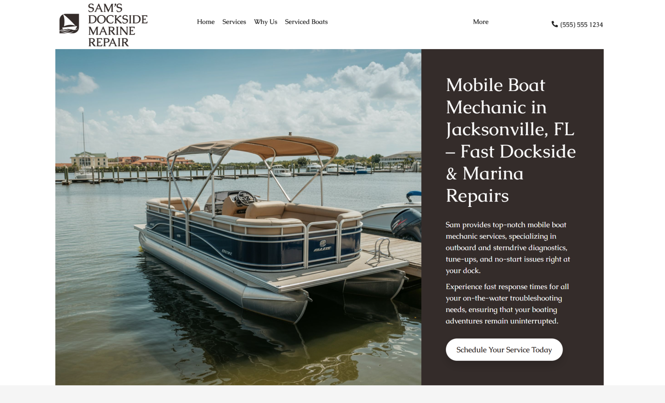 Sam’s Dockside Marine Repair homepage hero featuring a pontoon boat docked at a marina beside the headline “Mobile Boat Mechanic in Jacksonville, FL — Fast Dockside & Marina Repairs” and a white “Schedule Your Service Today” button