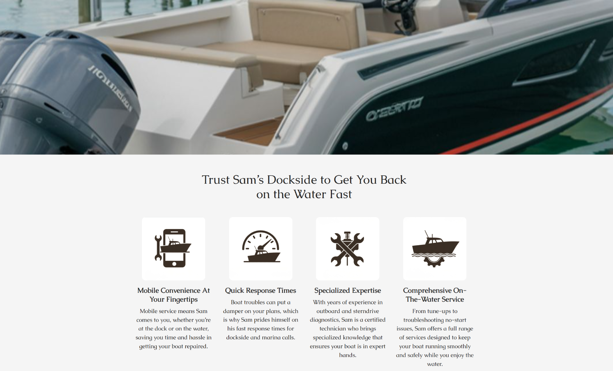 Service benefits section for Sam’s Dockside Marine Repair showing the heading “Trust Sam’s Dockside to Get You Back on the Water Fast,” with four icons highlighting mobile convenience, quick response times, specialized expertise, and comprehensive on-the-water service