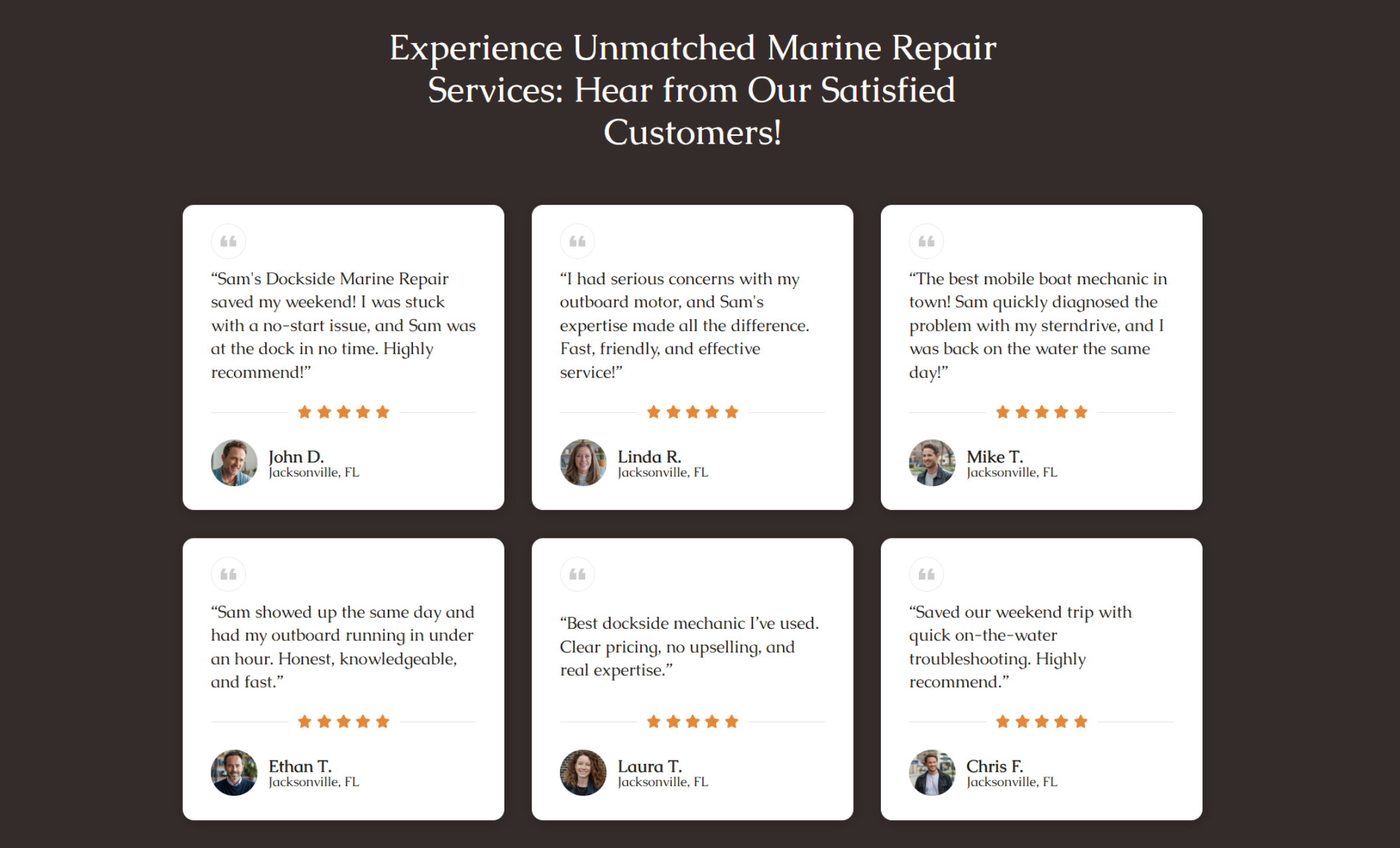 Customer testimonials section titled “Experience Unmatched Marine Repair Services: Hear from Our Satisfied Customers!” featuring six five-star review cards from Jacksonville, FL boat owners praising fast dockside repairs and expert service