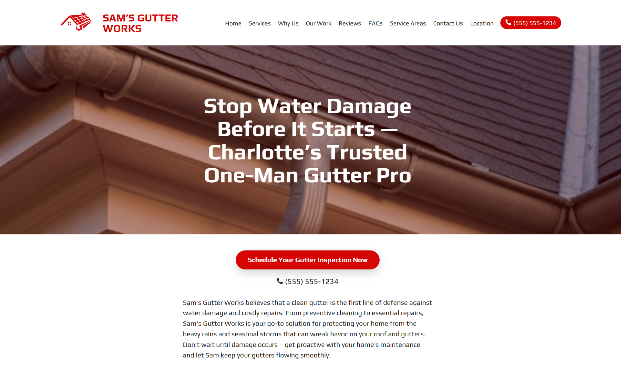 Sam’s Gutter Works homepage featuring a close-up of a house’s gutter and roofline, with the bold headline “Stop Water Damage Before It Starts — Charlotte’s Trusted One-Man Gutter Pro” and a bright red button that says “Schedule Your Gutter Inspection Now.”