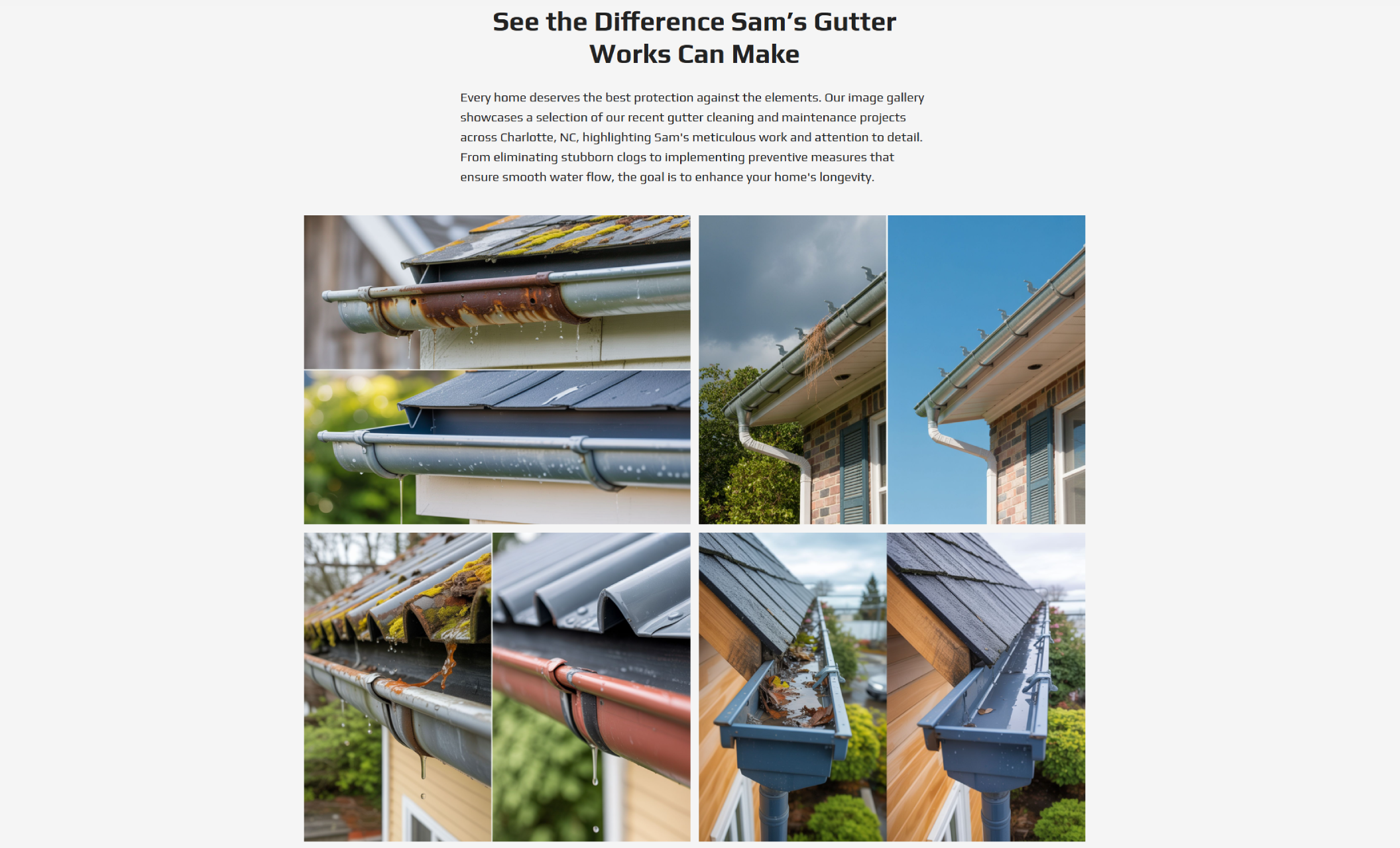 Sam’s Gutter Works gallery section showing before-and-after images of clogged, rusted, and freshly repaired gutters, alongside descriptive text about preventing clogs and enhancing home longevity