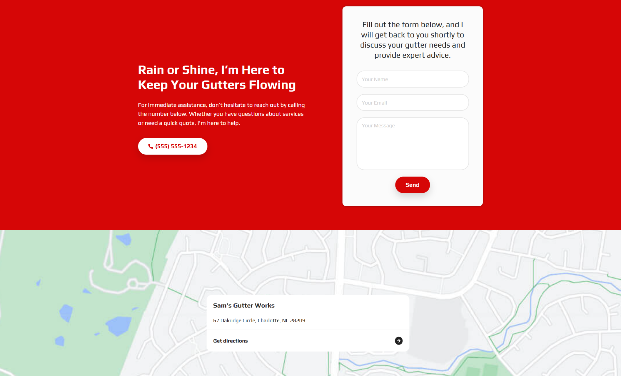 Sam’s Gutter Works contact section with a bold red background, headline reading “Rain or Shine, I’m Here to Keep Your Gutters Flowing,” a phone number button, a contact form, and a location map for Charlotte, NC