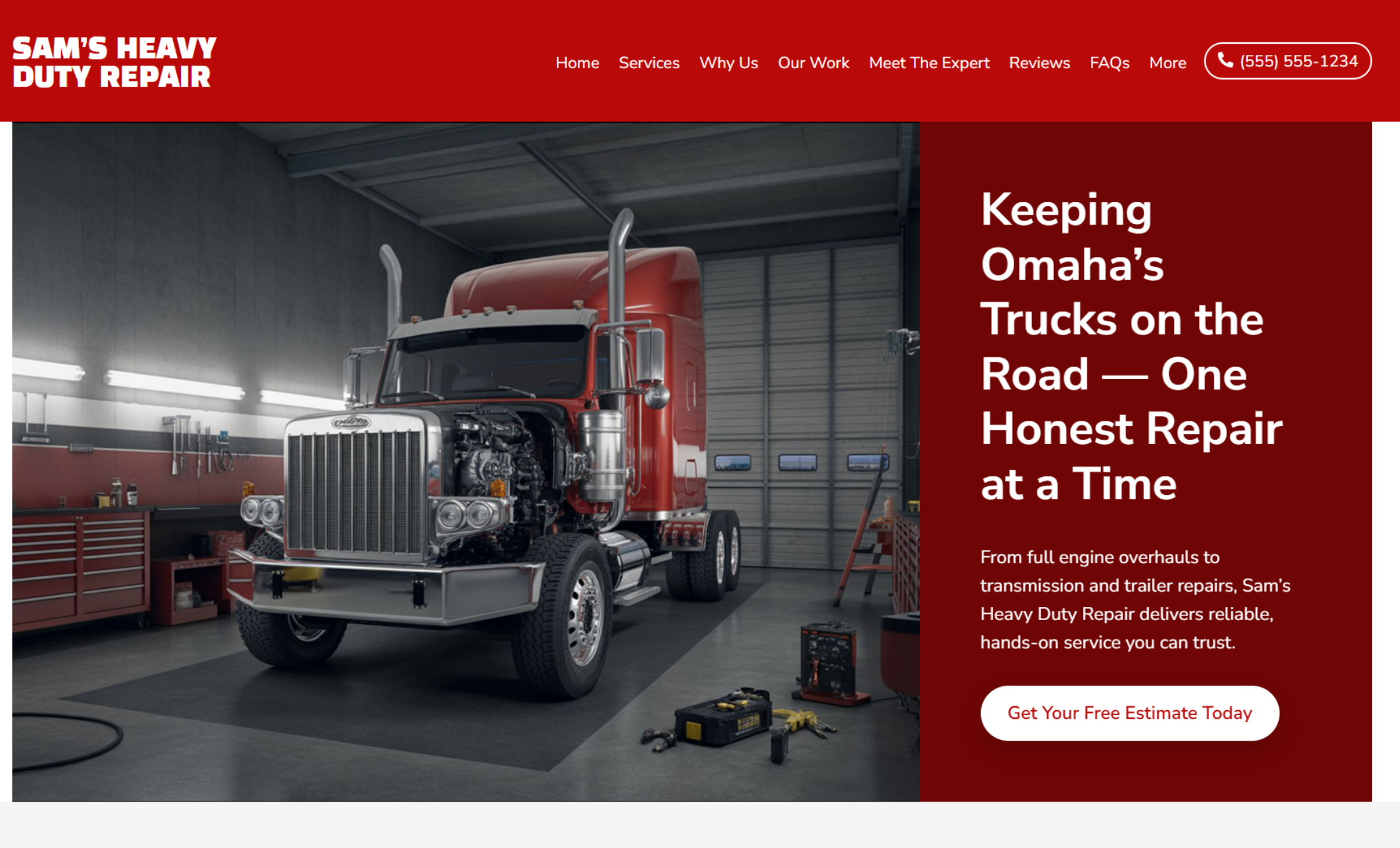 Sam’s Heavy Duty Repair homepage featuring a red semi-truck in a clean workshop beside the headline “Keeping Omaha’s Trucks on the Road — One Honest Repair at a Time” and a white button that says “Get Your Free Estimate Today.”