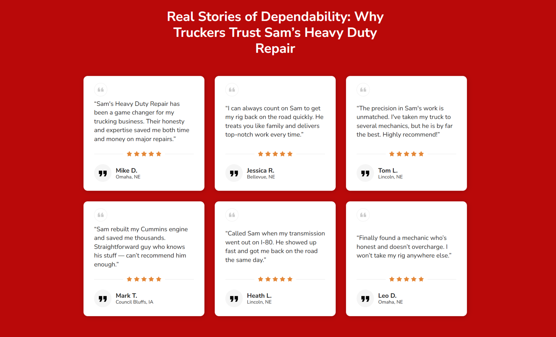 Sam’s Heavy Duty Repair testimonials section featuring six customer review cards beneath the headline “Real Stories of Dependability: Why Truckers Trust Sam’s Heavy Duty Repair,” each with a name, location, and five-star rating