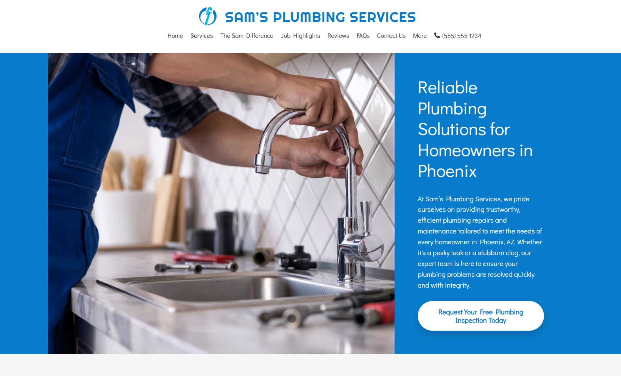Sam’s Plumbing Services homepage featuring a plumber installing a kitchen faucet beside the headline “Reliable Plumbing Solutions for Homeowners in Phoenix” and a white button that says “Request Your Free Plumbing Inspection Today.”