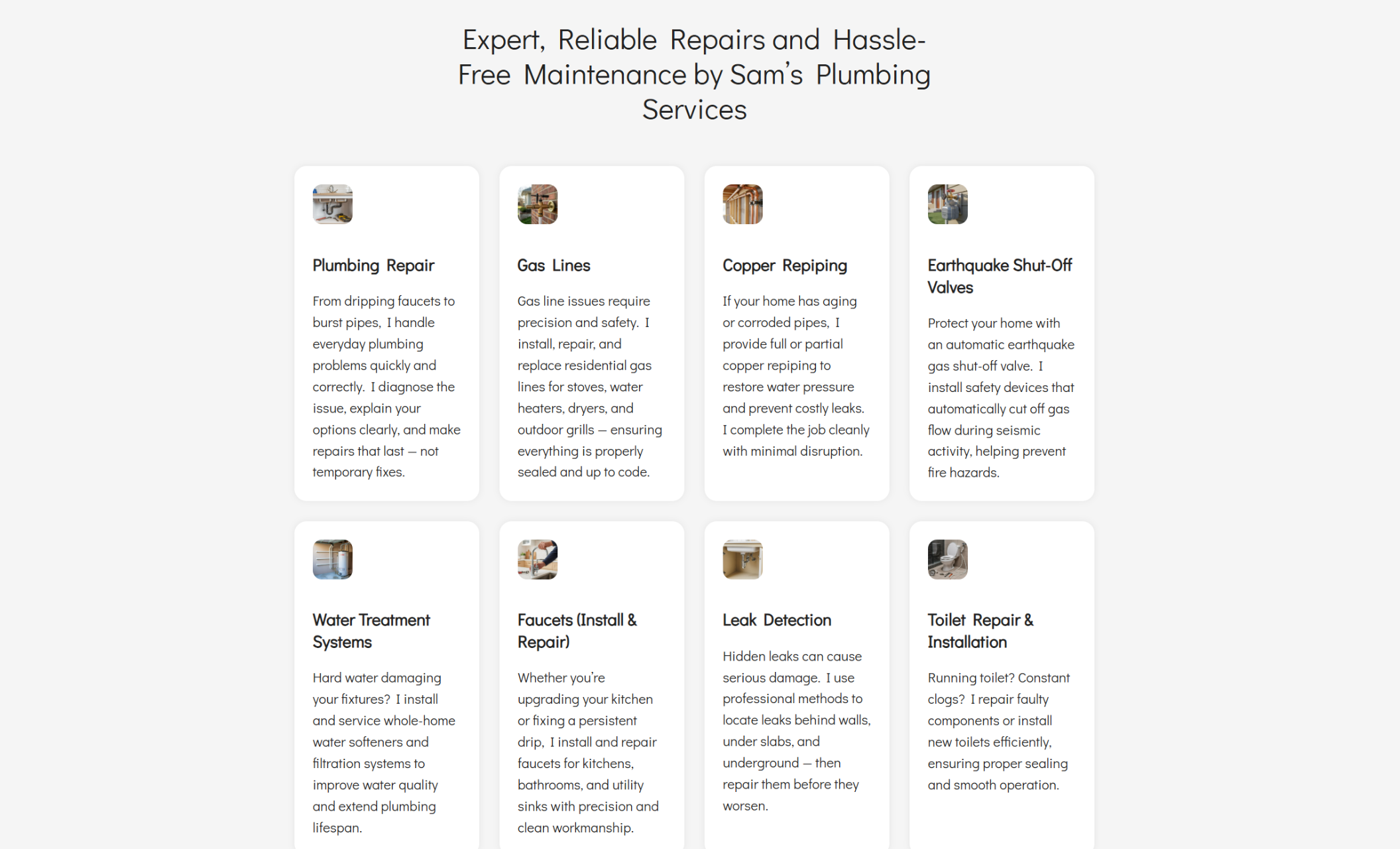 Sam’s Plumbing Services webpage displaying a grid of service cards including Plumbing Repair, Gas Lines, Copper Repiping, Water Treatment Systems, Leak Detection, and Toilet Repair & Installation under the headline “Expert, Reliable Repairs and Hassle-Free Maintenance.”