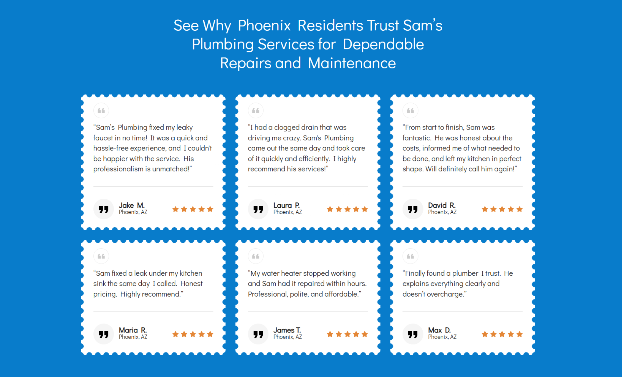 Blue testimonial section titled “See Why Phoenix Residents Trust Sam’s Plumbing Services for Dependable Repairs and Maintenance,” featuring five-star customer reviews from Phoenix homeowners in bordered quote cards