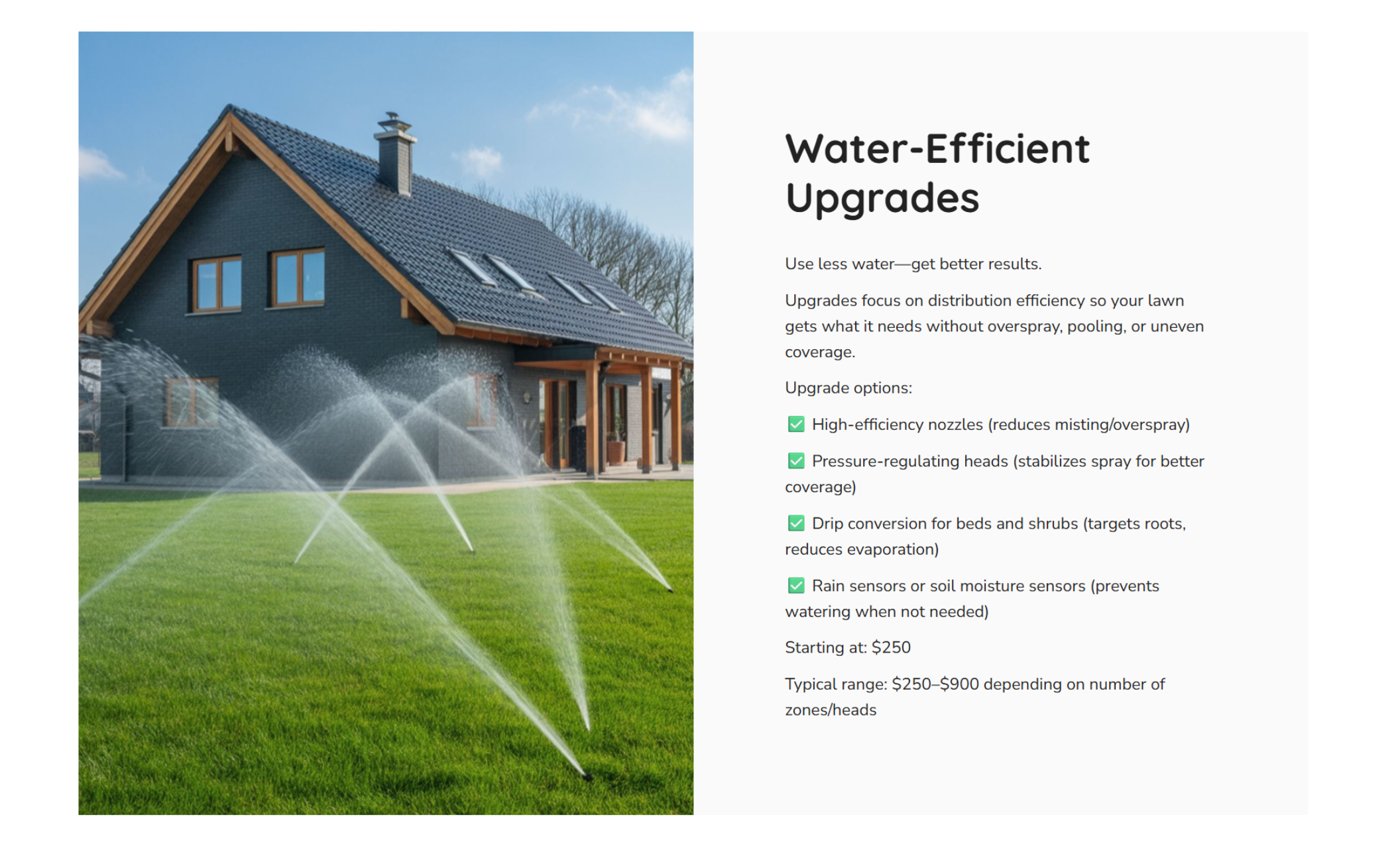 Water-Efficient Upgrades service section showing a modern home lawn with multiple sprinkler heads spraying evenly, alongside text explaining high-efficiency nozzles, pressure-regulating heads, drip conversions, and rain sensors with pricing details