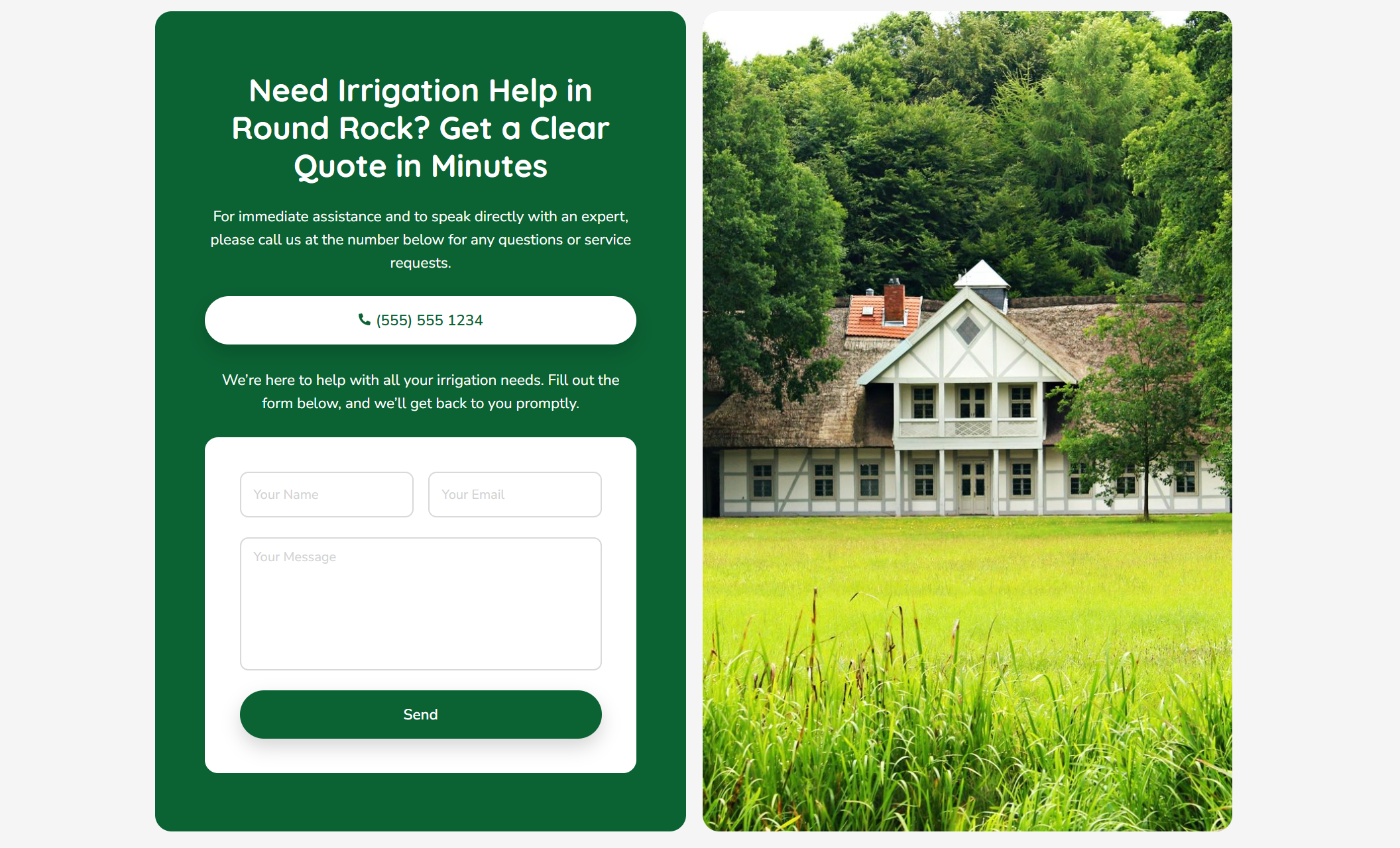 Sam’s Smart Irrigation contact section featuring a green panel with the headline “Need Irrigation Help in Round Rock? Get a Clear Quote in Minutes,” a prominent phone button, and a contact form beside a photo of a large home surrounded by lush grass and trees
