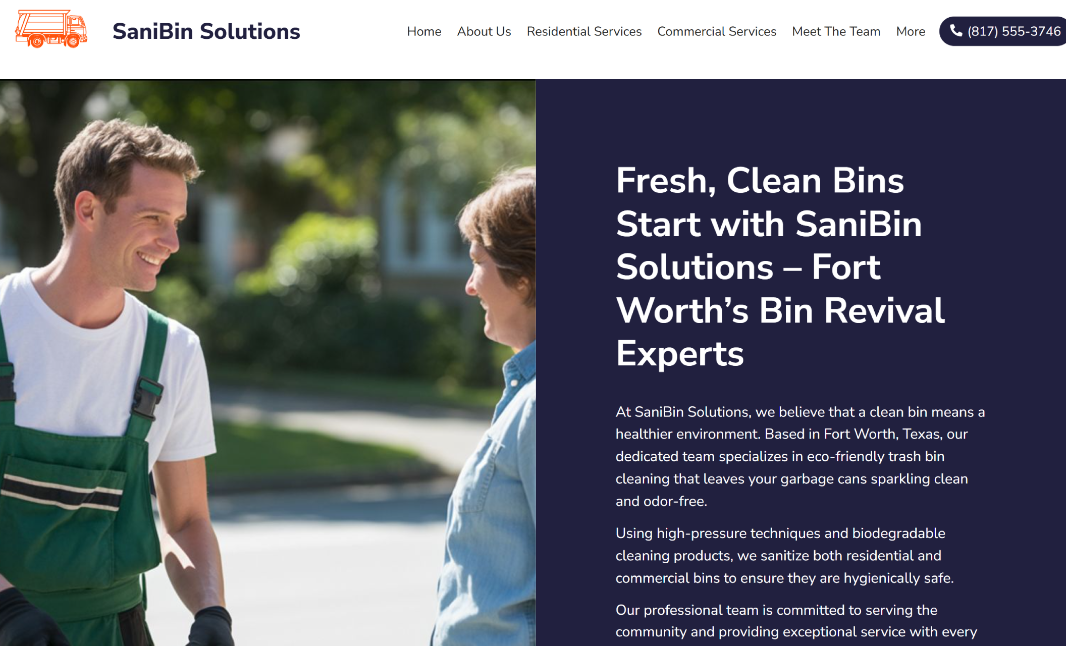 SaniBin Solutions homepage showing a smiling technician in a green uniform speaking with a homeowner, beside the headline “Fresh, Clean Bins Start with SaniBin Solutions – Fort Worth’s Bin Revival Experts”